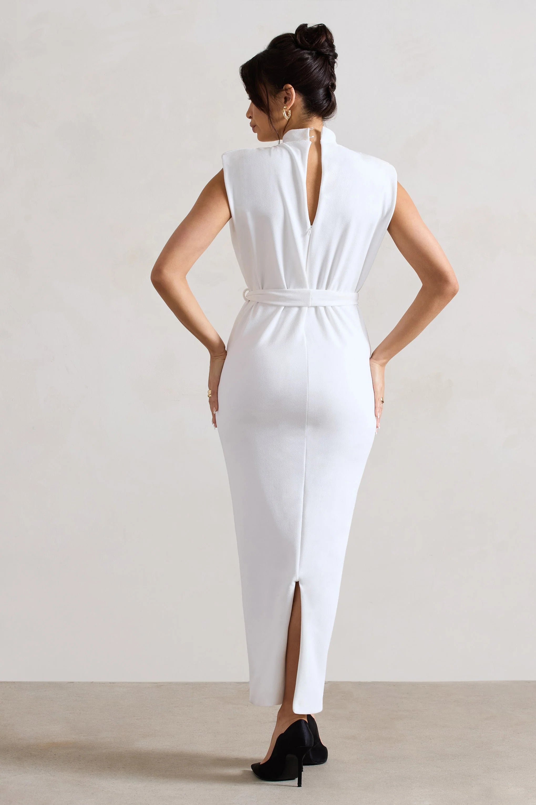 Abbie | Ecru High-Neck Maxi Dress With Tie Waist