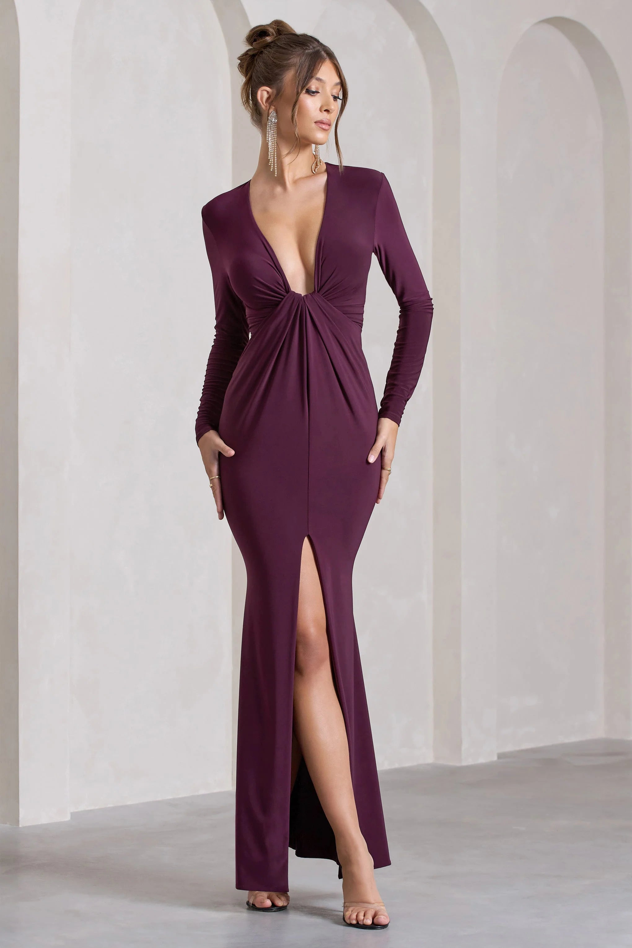 Aluna | Plum Plunge-Neck Twisted Split Maxi Dress