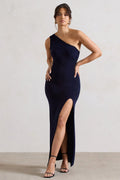 Melody | Navy Asymmetric Cowl-Back Split Maxi Dress