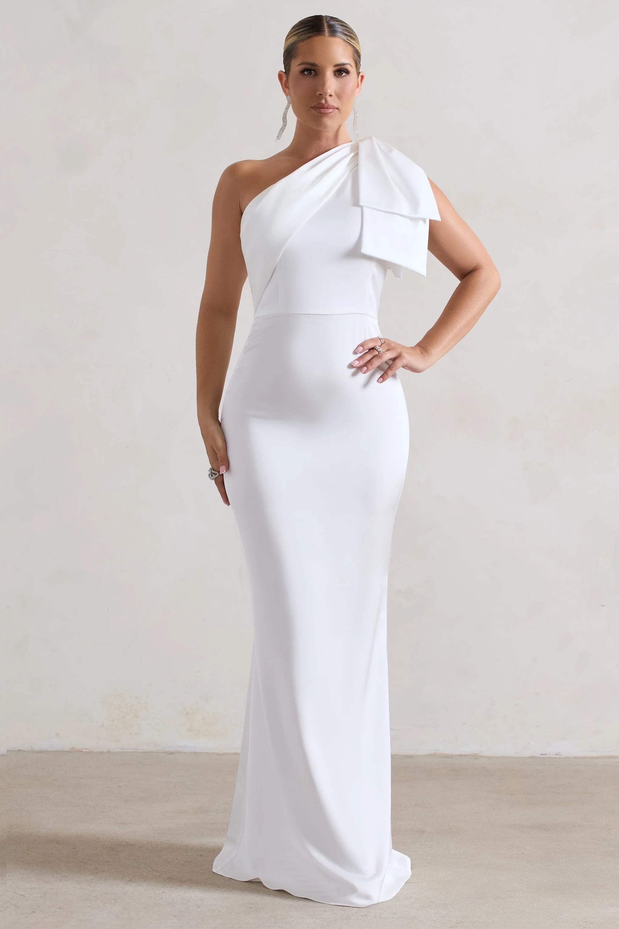 Lady | White Satin Asymmetric Maxi Dress With Bow