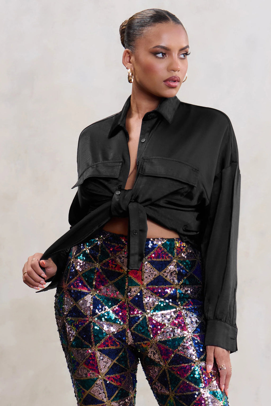 Limitless | Plus Black Oversized Long Sleeve Satin Shirt With Placement Pocket