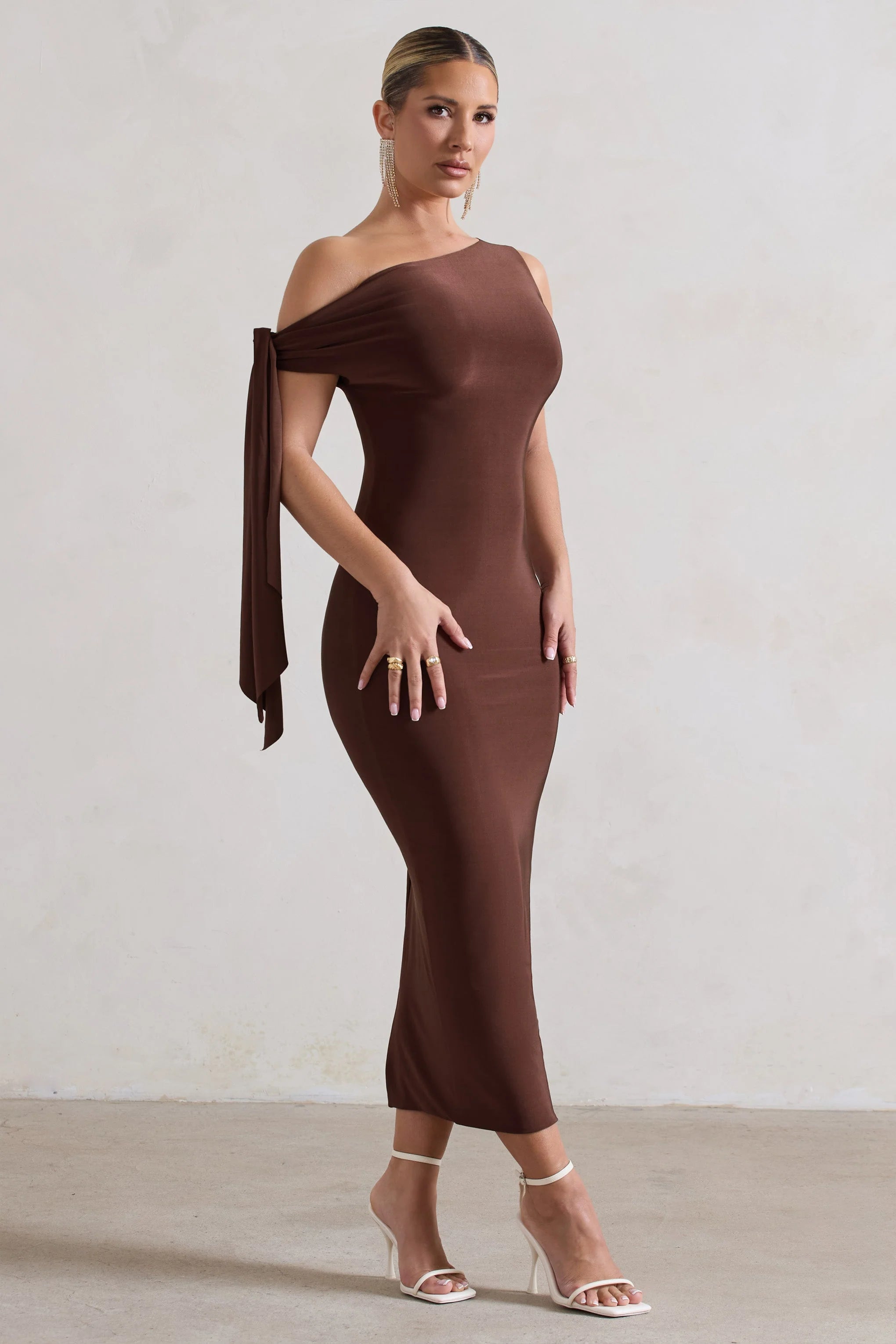 Adapt | Chocolate Brown Asymmetric Midi Dress With Tie Sleeve