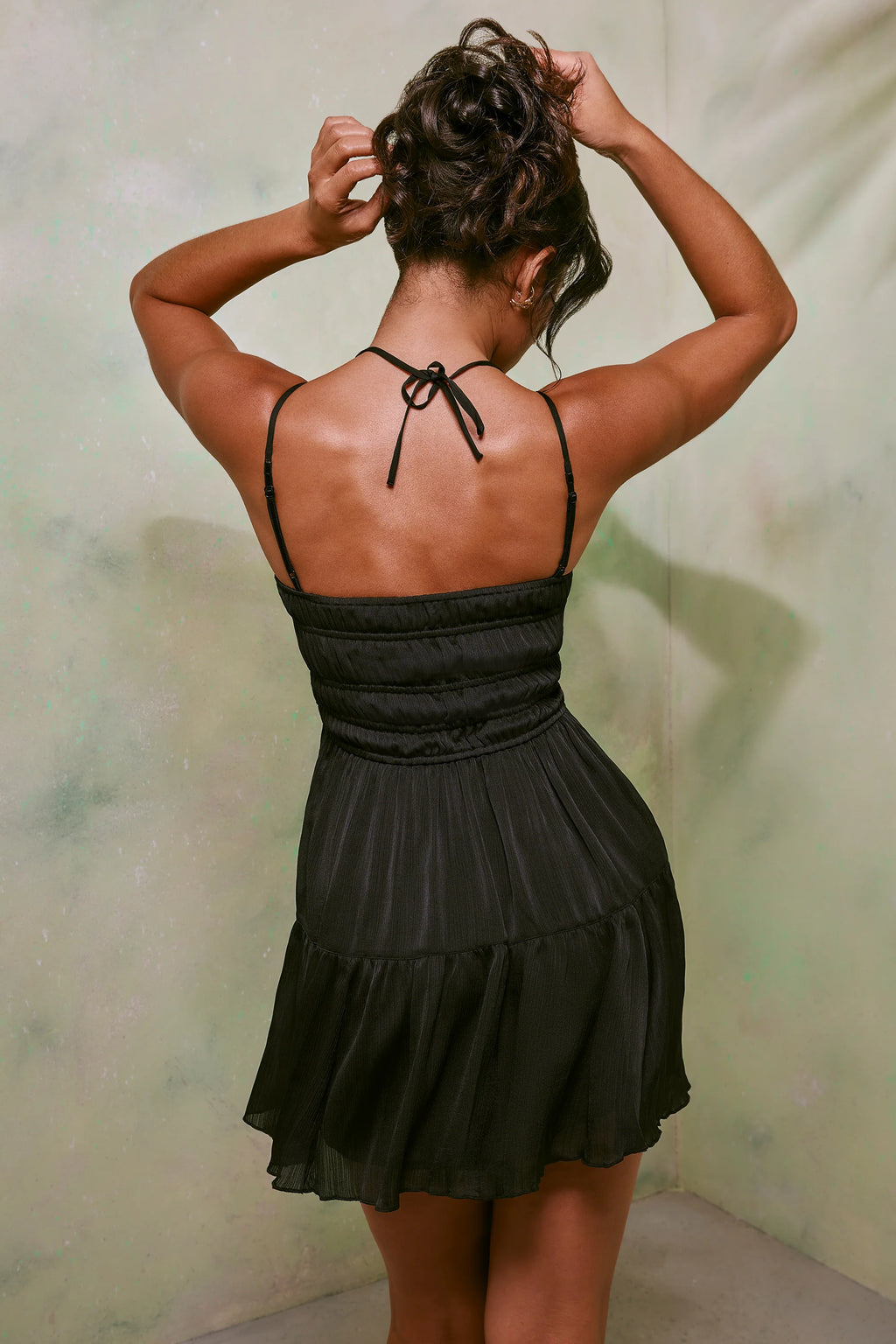 Shirred Bodice A-Line Mini Dress in Black