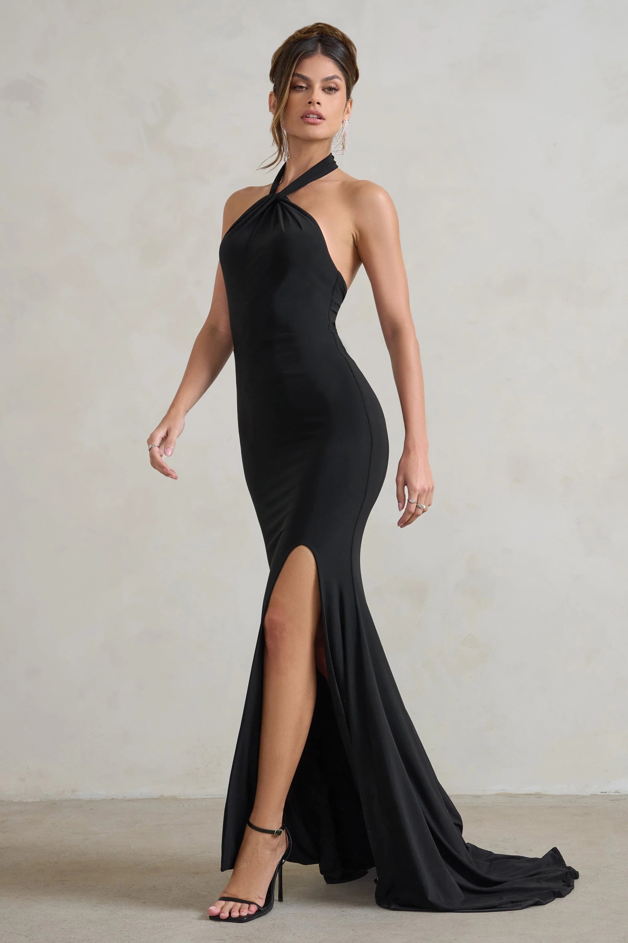 Jodie | Black Halterneck Fishtail Maxi Dress With Split