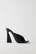 Ribbed Leatherette Mule Heels in Black