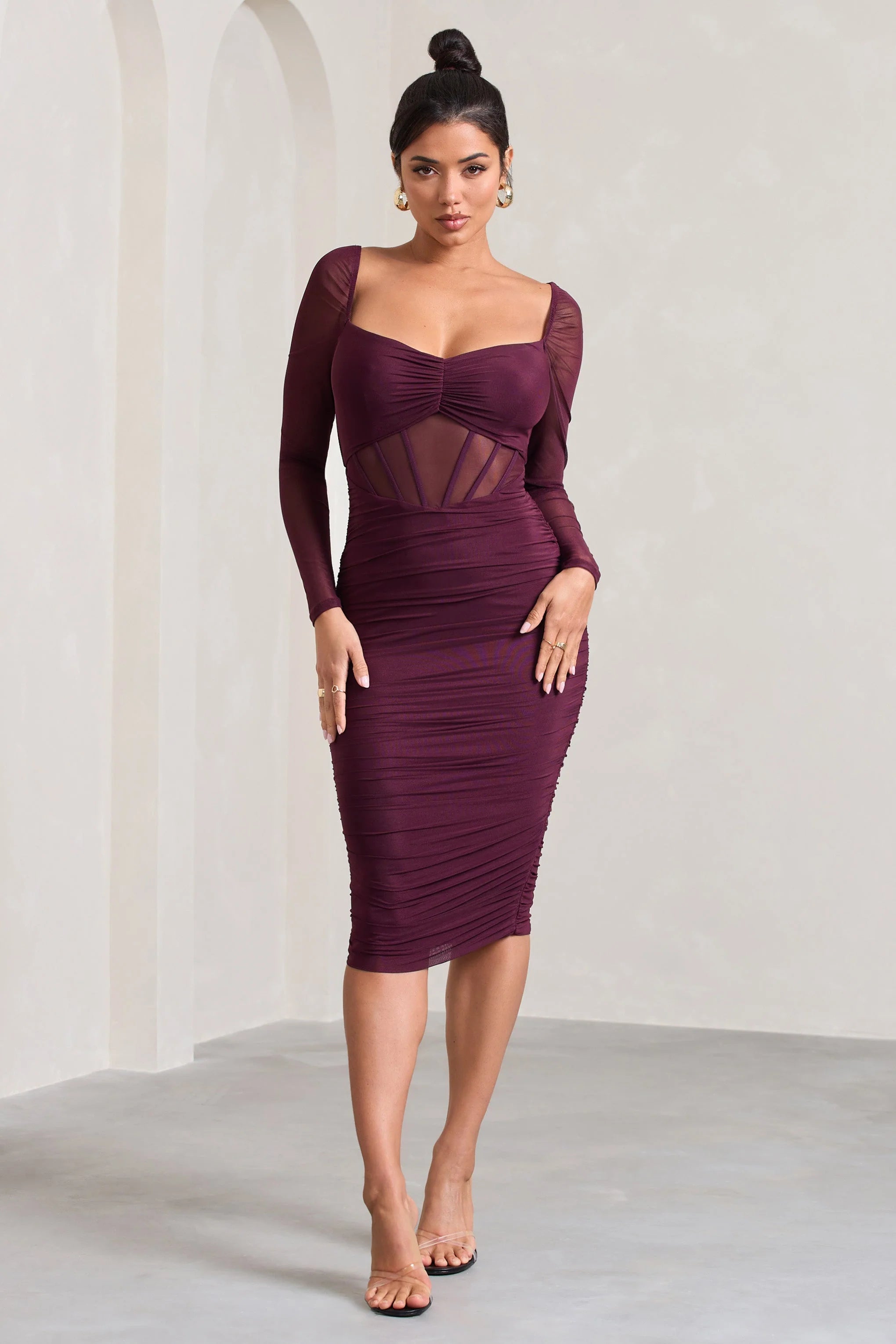 Abiba | Burgundy Ruched Mesh Corset Midi Dress With Long Sleeves