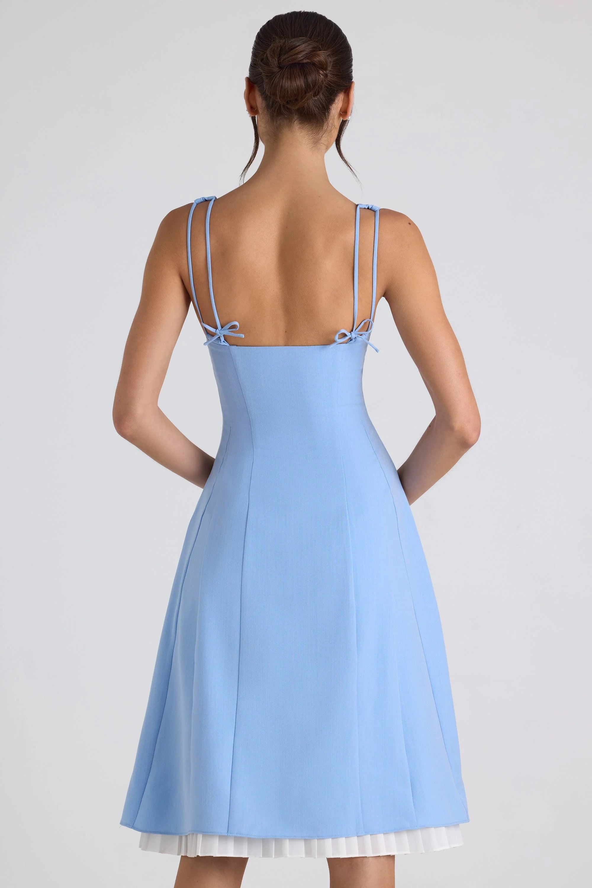 Bow-Embellished Pleated A-Line Midi Dress in Sky Blue