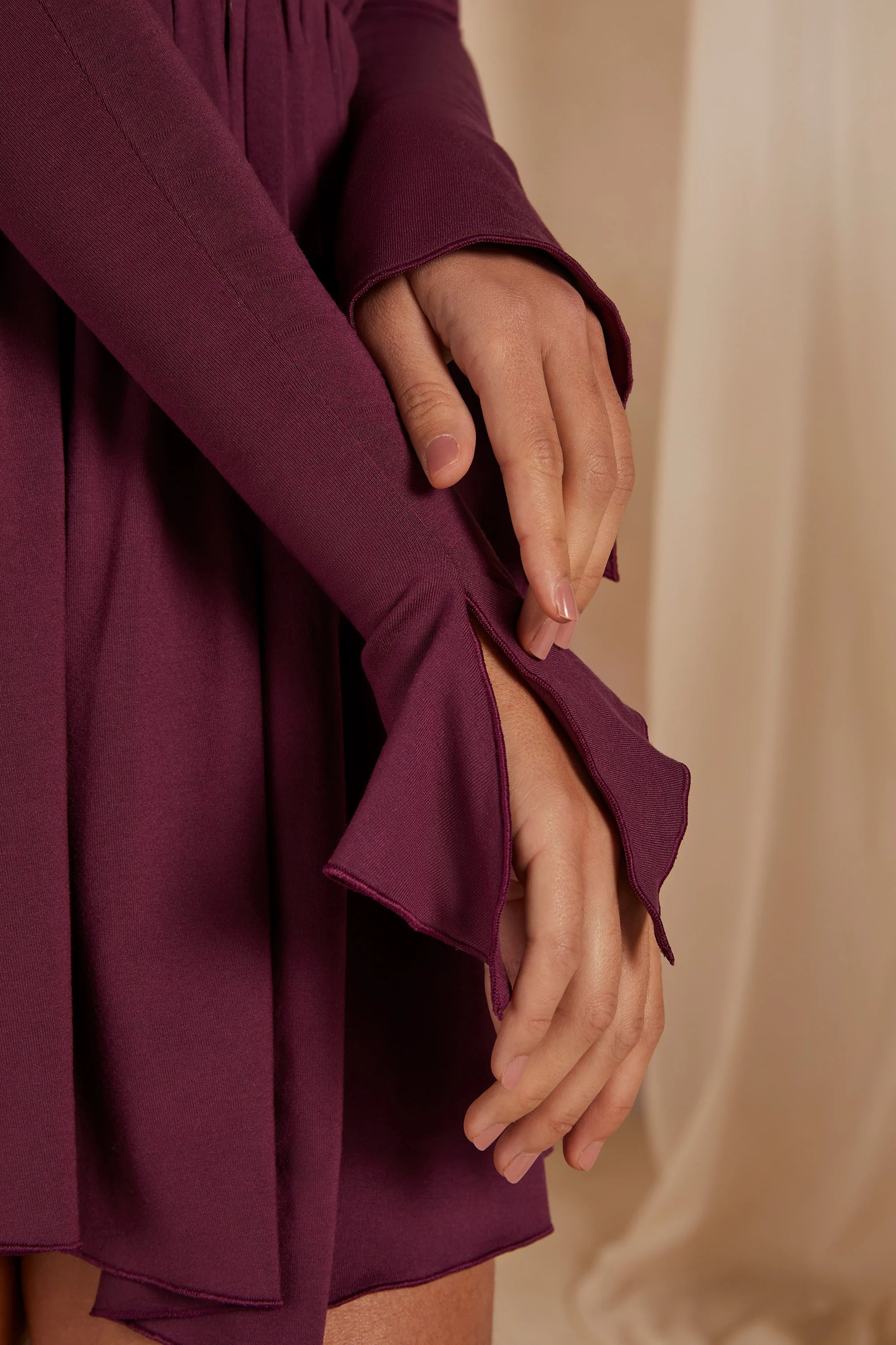 A-Line Plunge Neck Long Sleeve Mini Dress in Plum