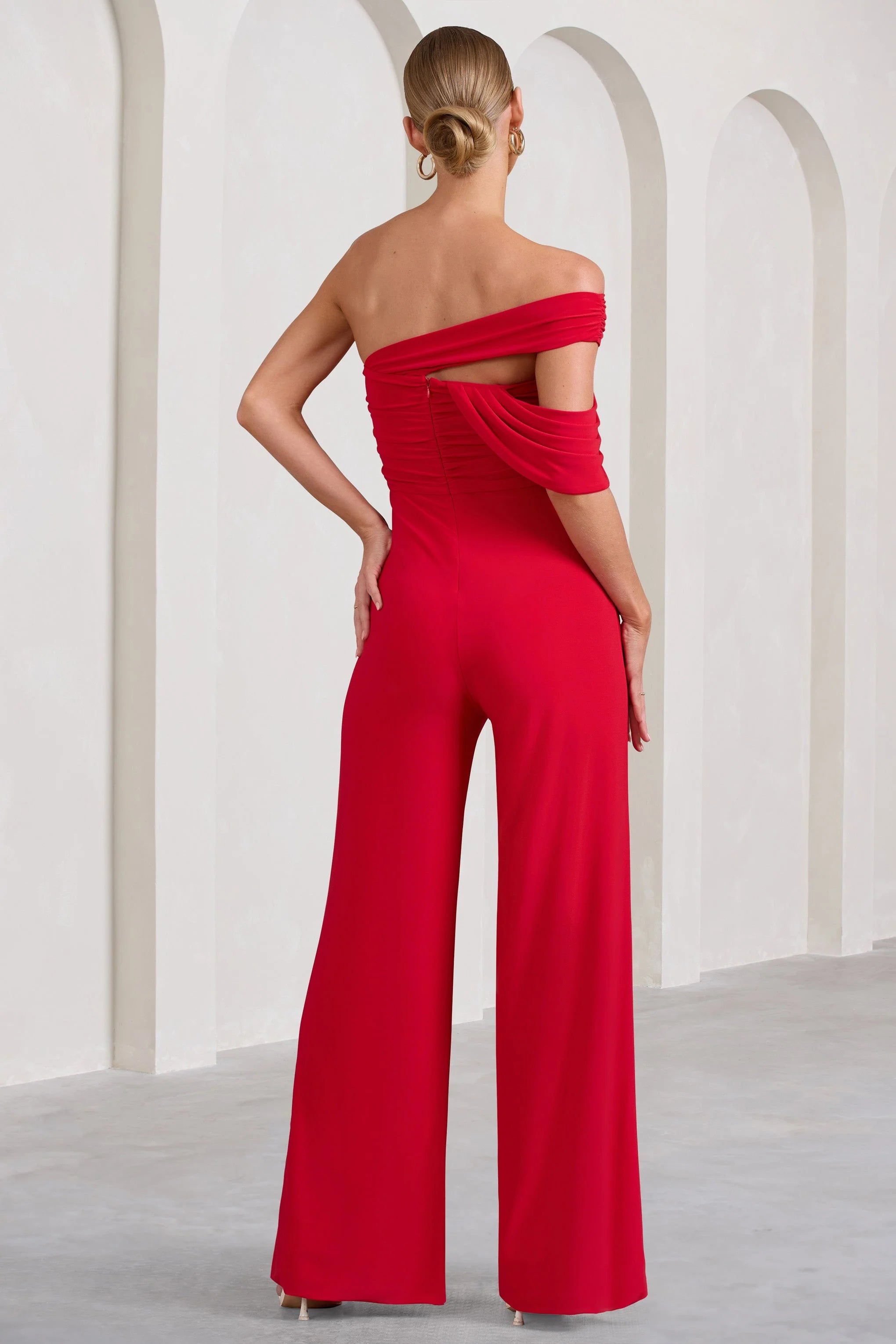 Candy | Red Asymmetric One Shoulder Ruched Jumpsuit