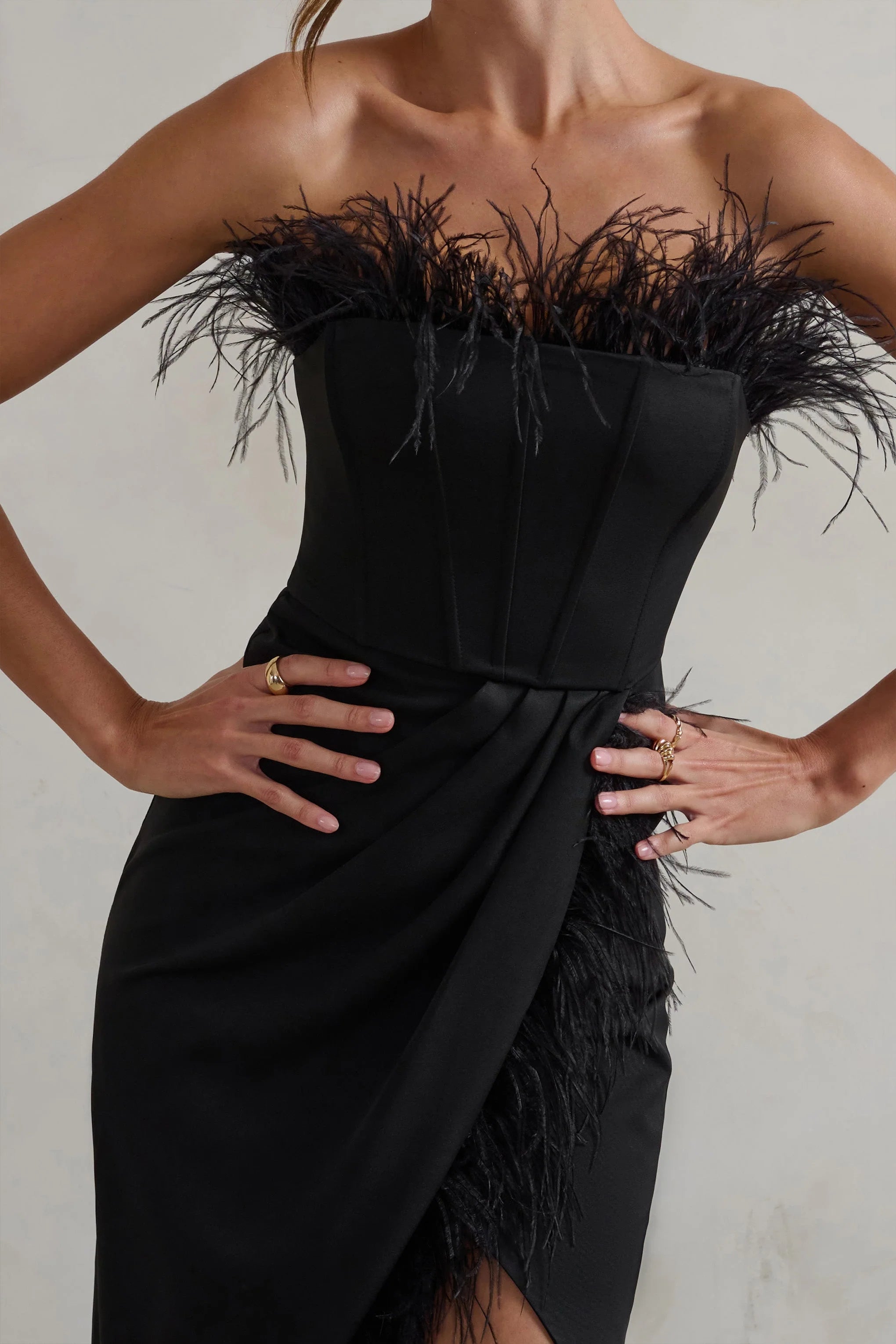 Cosmo | Black Bandeau Corset Midi Dress With Feather Trim