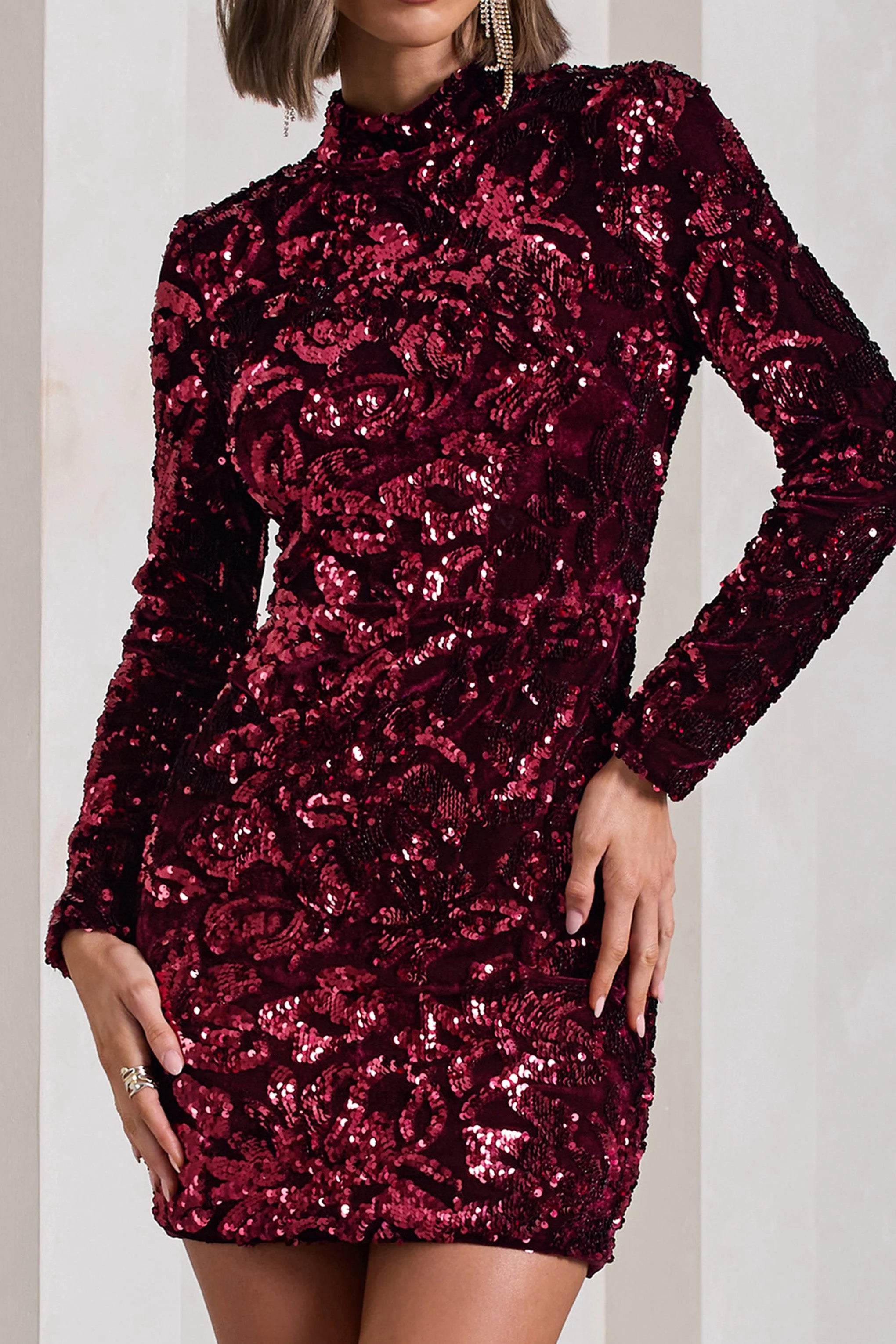 My Light | Berry Sequin High-Neck Long-Sleeve Bodycon Mini Dress
