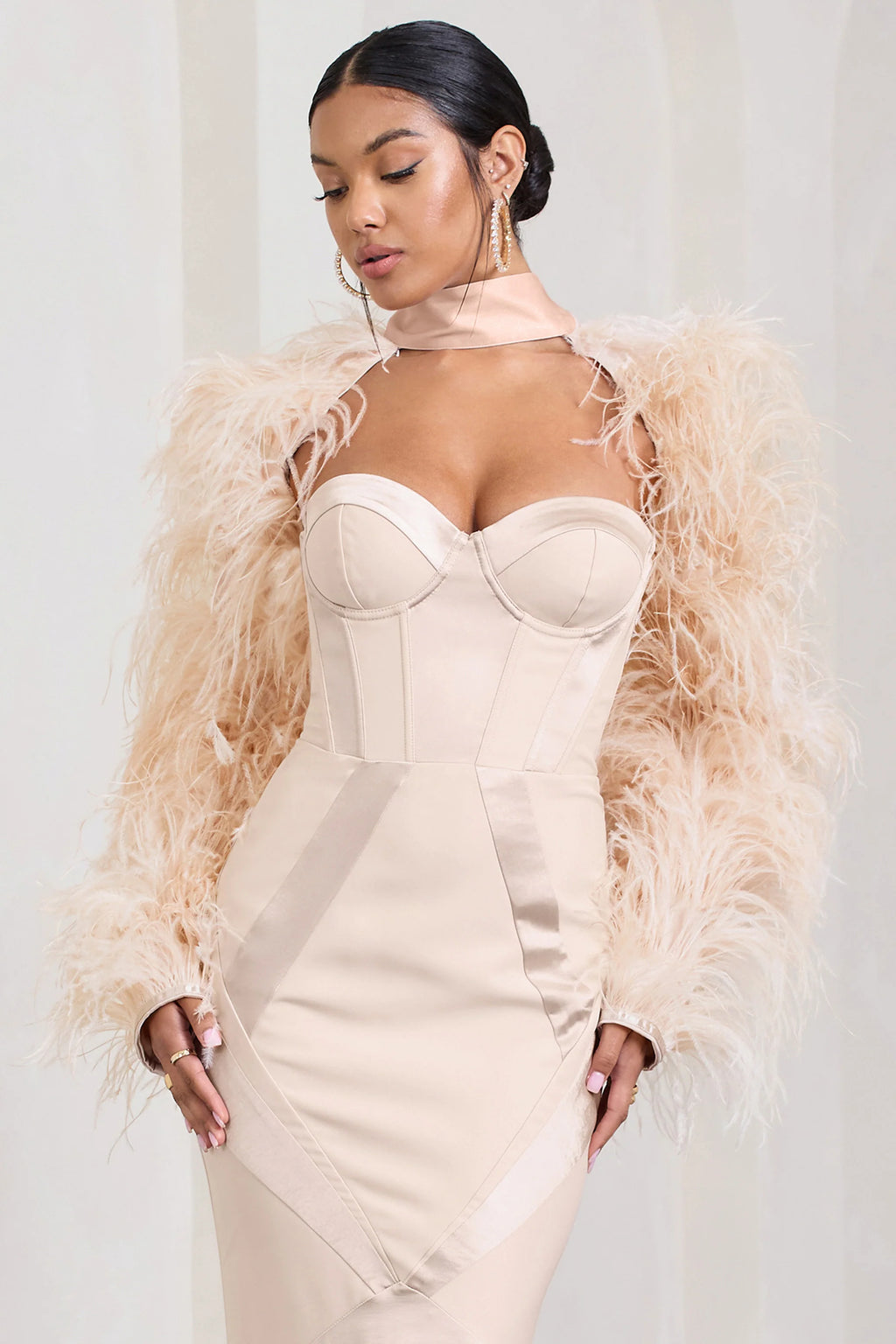 Wild | Champagne Satin Jacket With Long Feather Sleeves