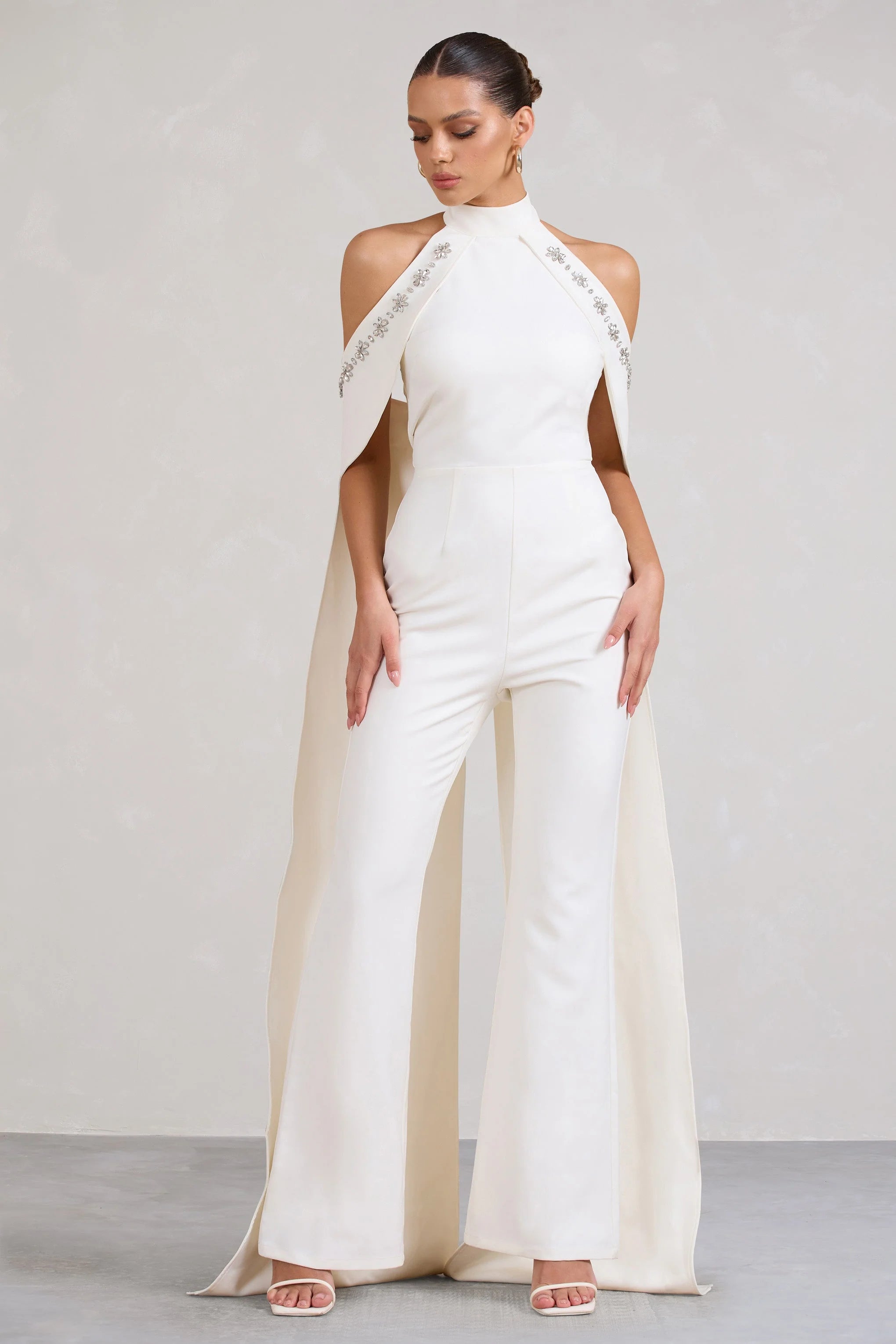 Angel | White High Neck Jumpsuit with Cold Shoulder Cape Sleeves