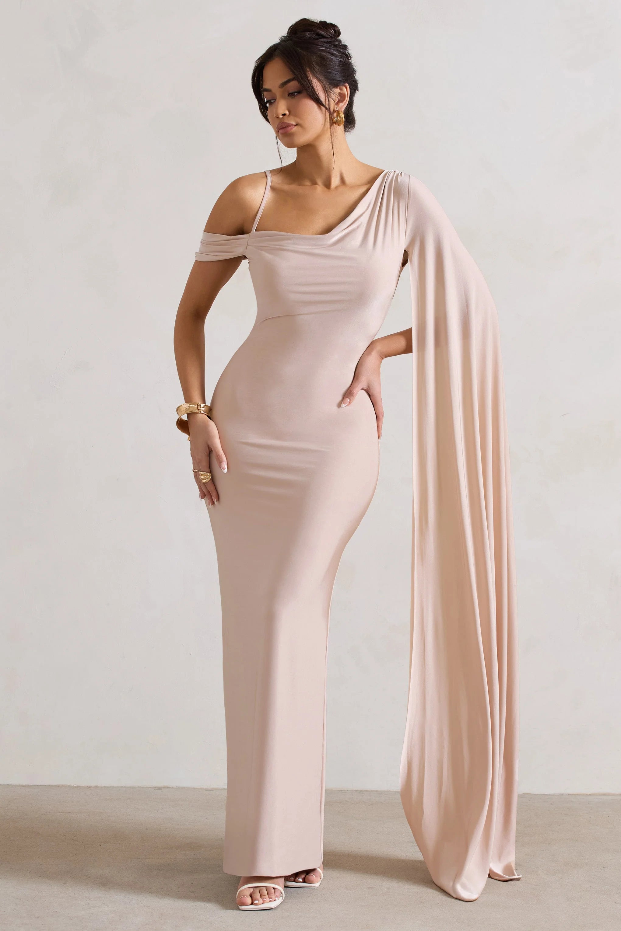 Pedra | Champagne Asymmetric Draped Maxi Dress With Sash