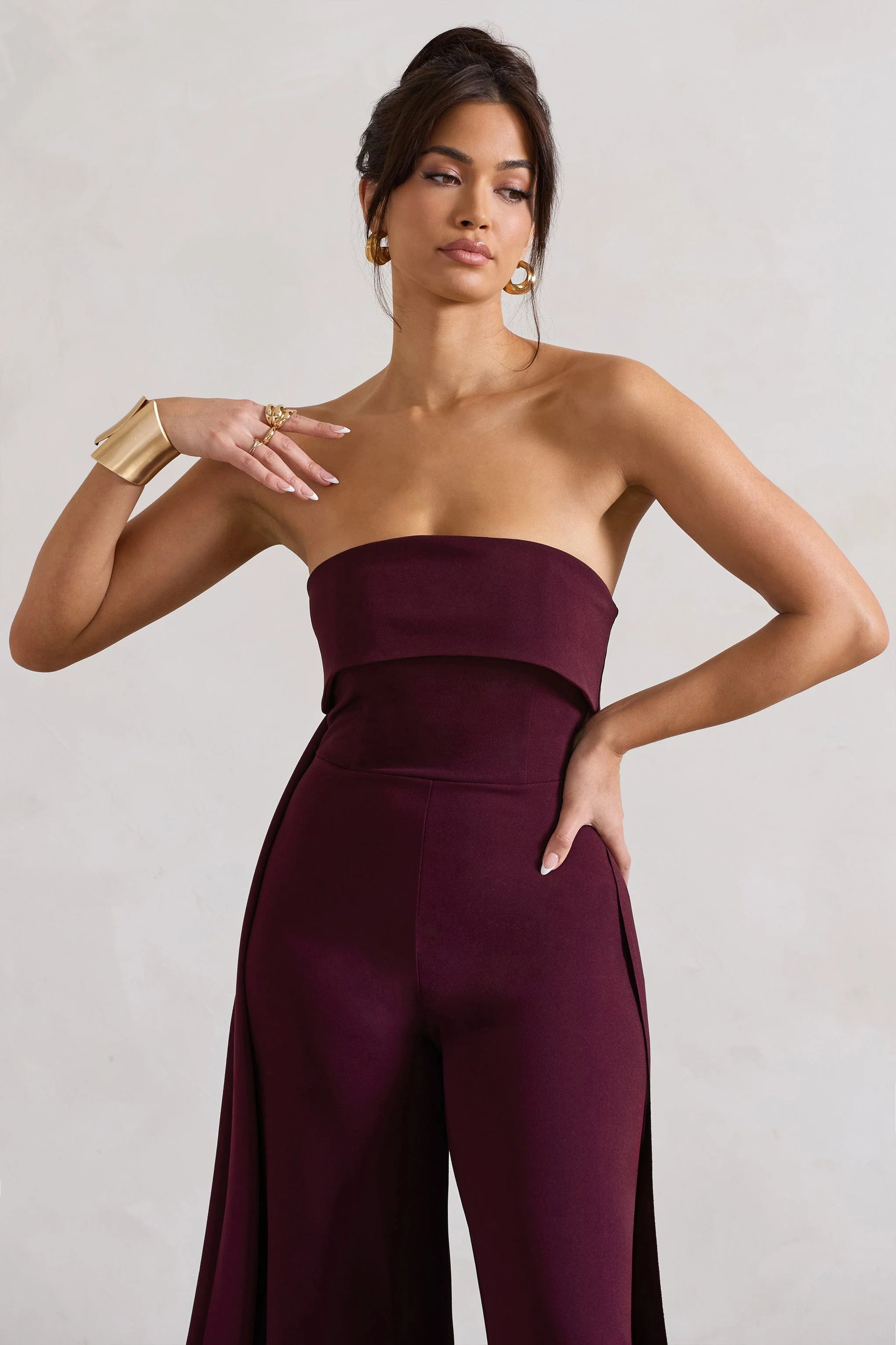 Amaya | Dark Plum Bandeau Wide-Leg Jumpsuit With Cape