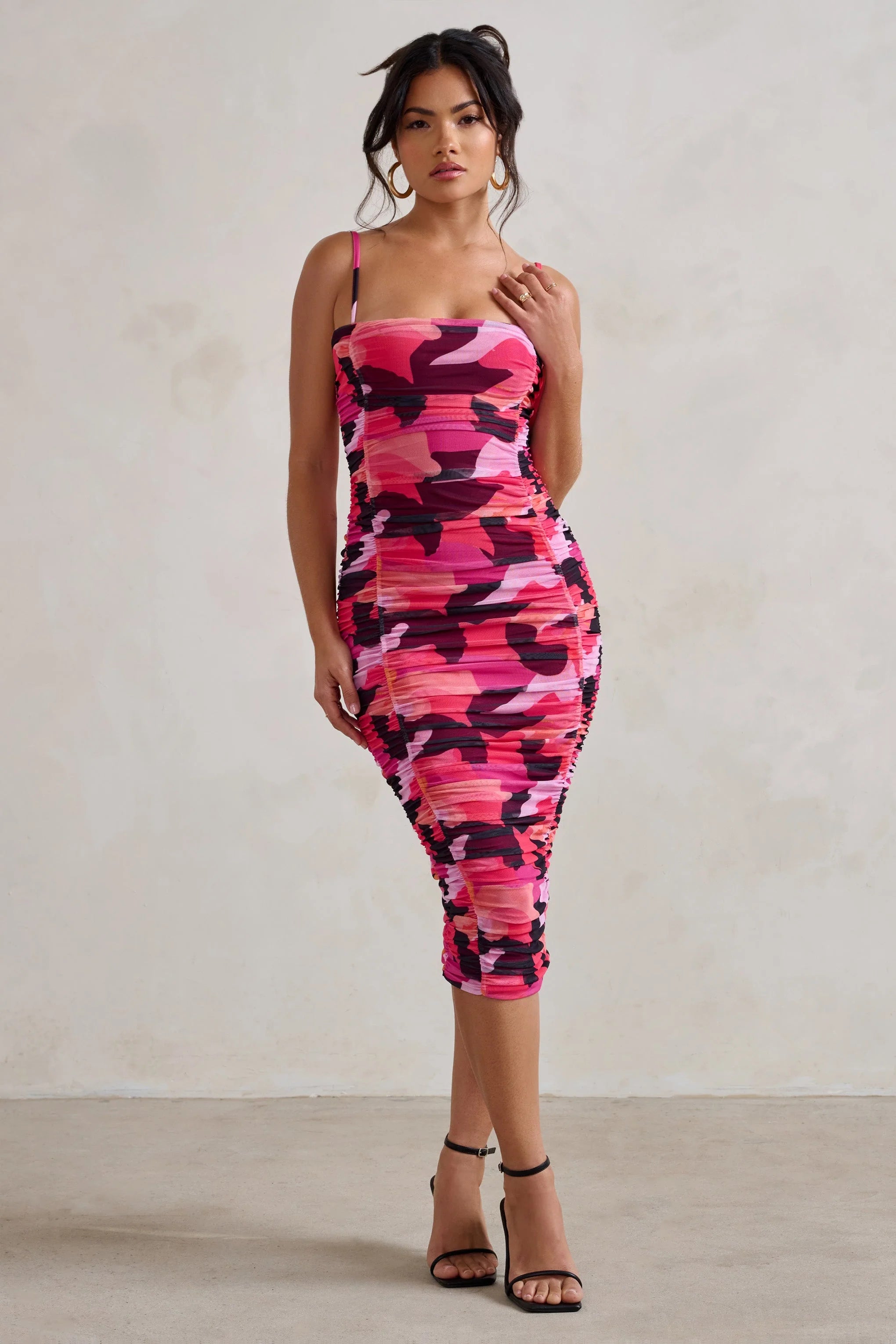 Sentimental | Hot Pink Print Ruched Mesh Midi Dress With Square Neck