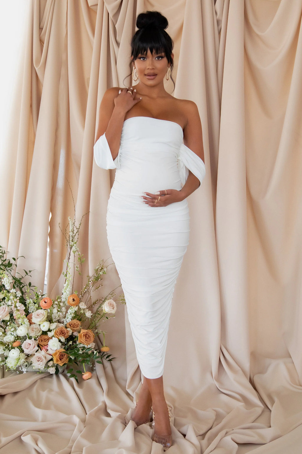 Plus One | White Maternity Bardot Ruched Draped Midi Dress