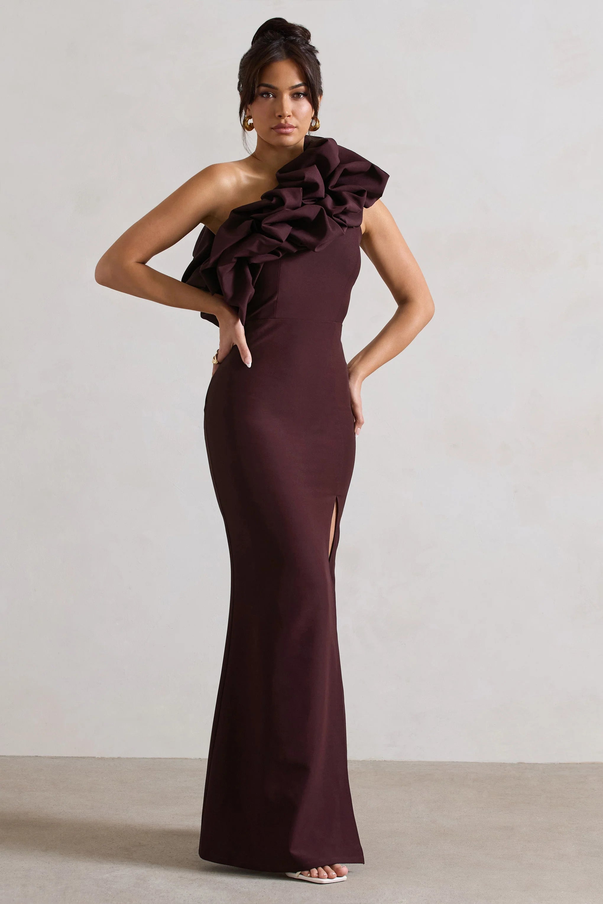 Vienne | Dark Plum Asymmetric Ruffle Split Maxi Dress