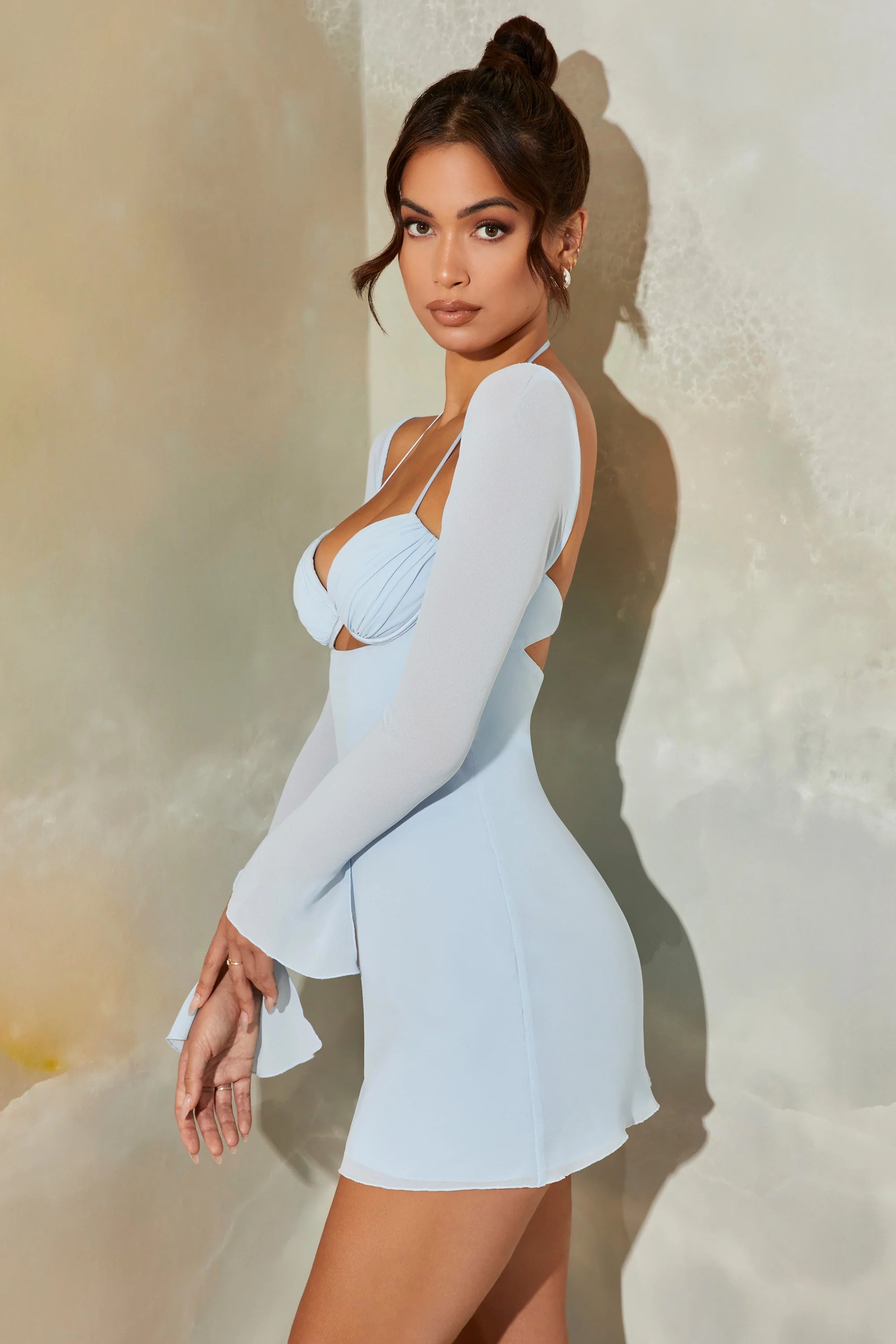 Long Sleeve Cut Out Mini Dress in Light Blue