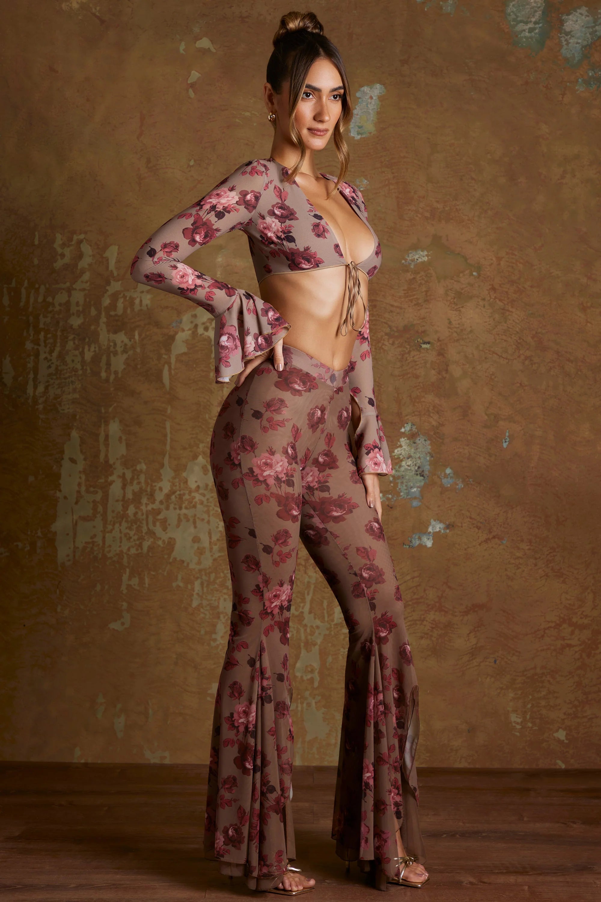 Tall Split Flare Ruffle Trousers in Beige Print