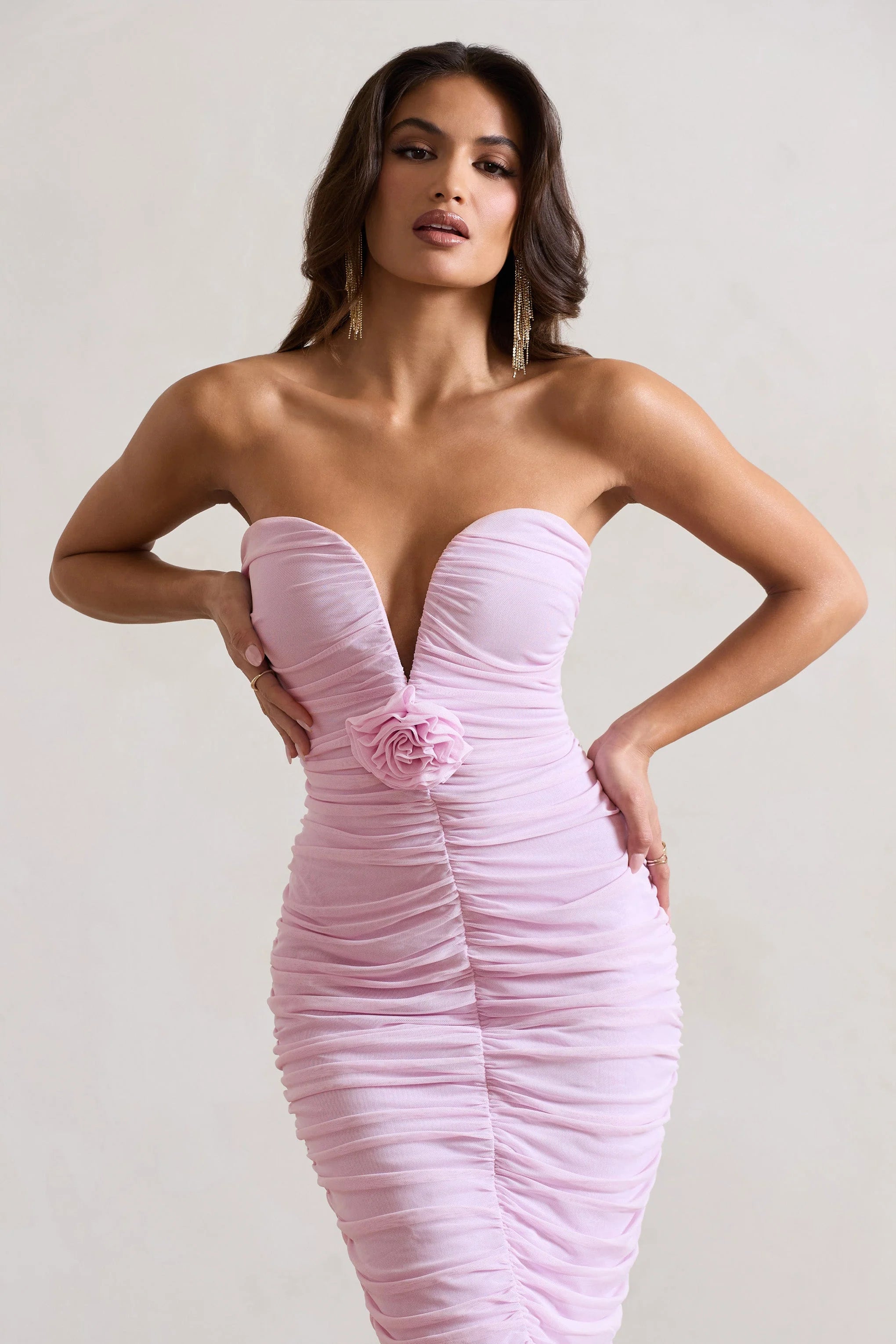 Taken | Pink Ruched Mesh Midi Dress With Corsage