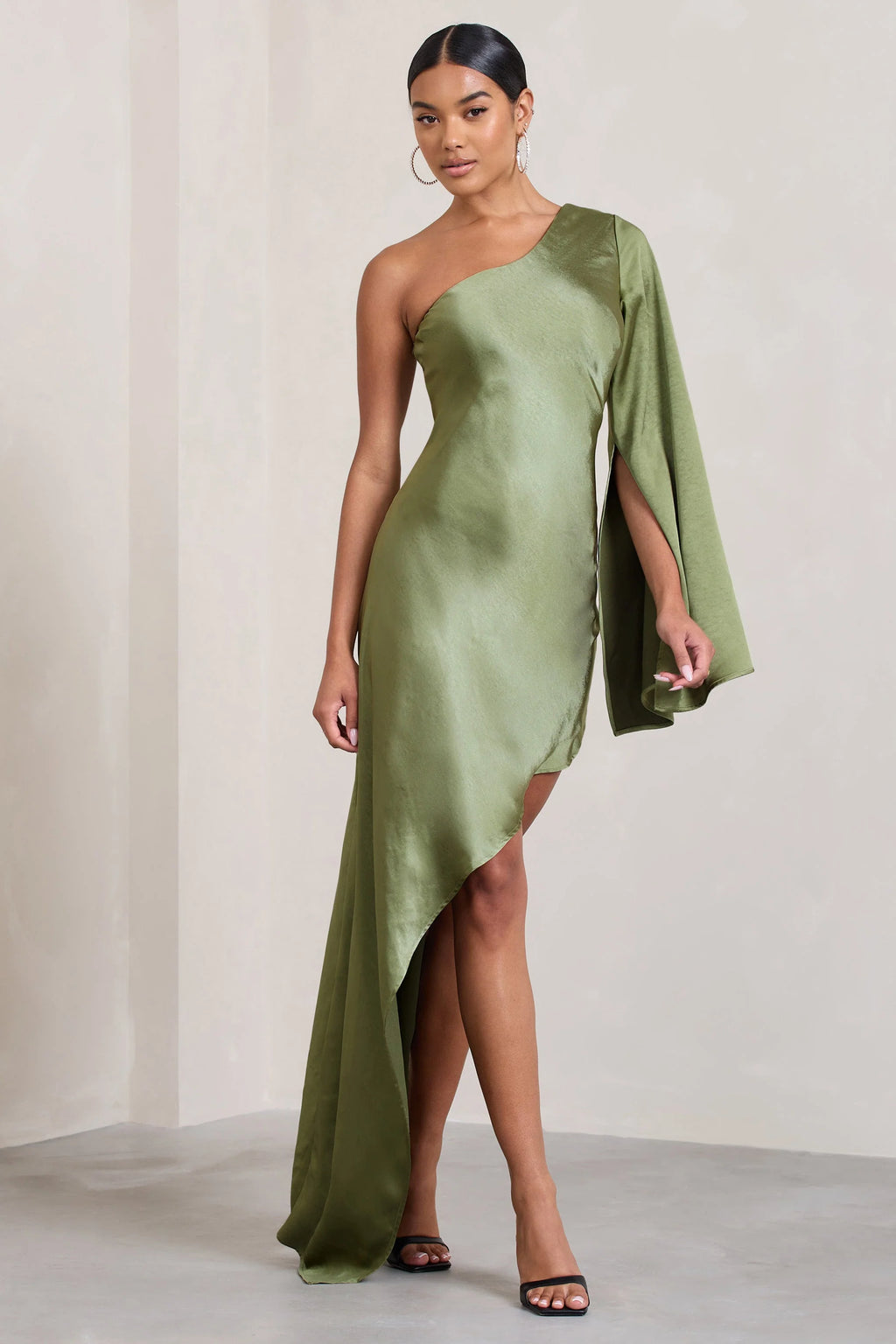 Hanna | Olive Asymmetric Draped Satin Mini Dress
