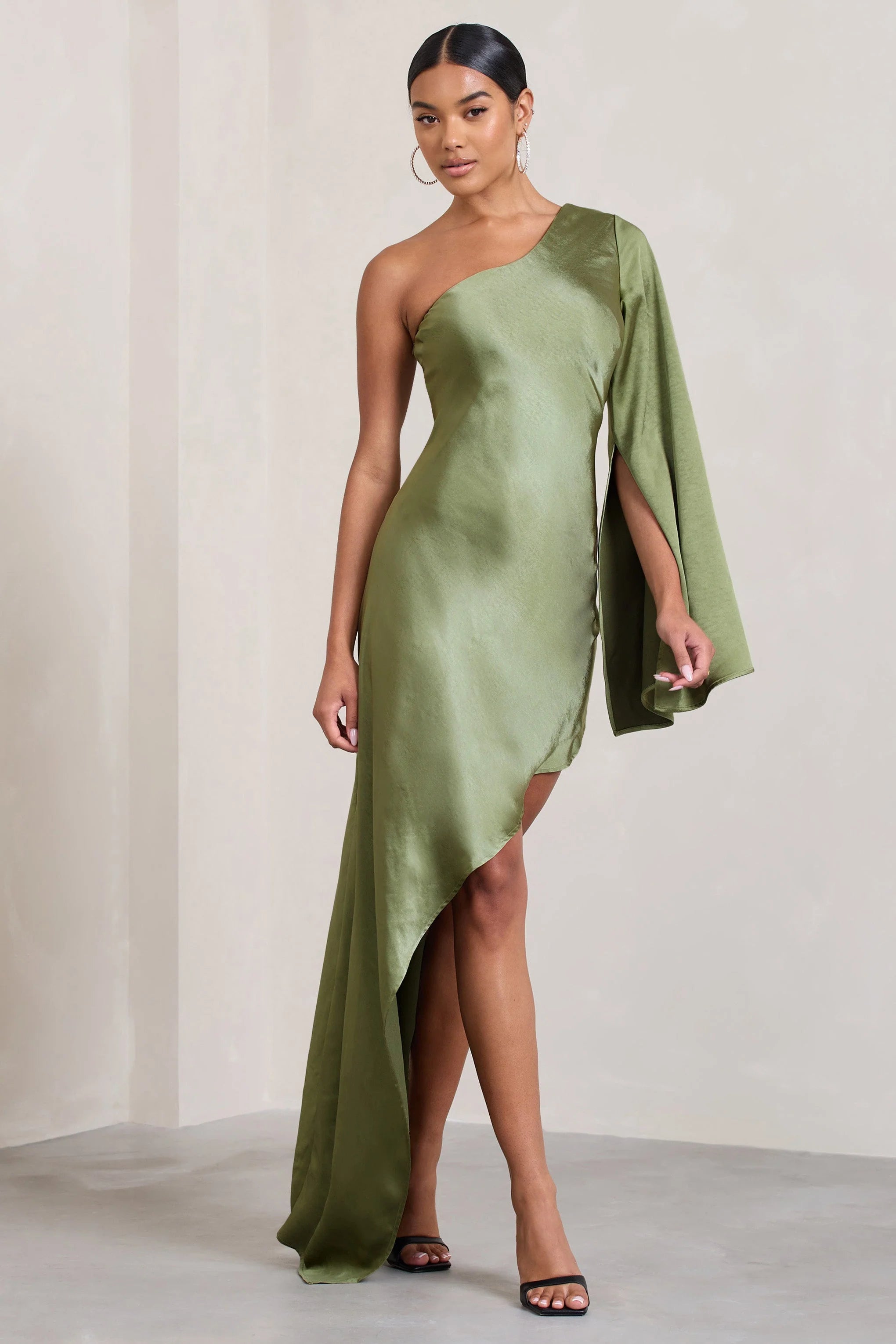 Hanna | Olive Asymmetric Draped Satin Mini Dress
