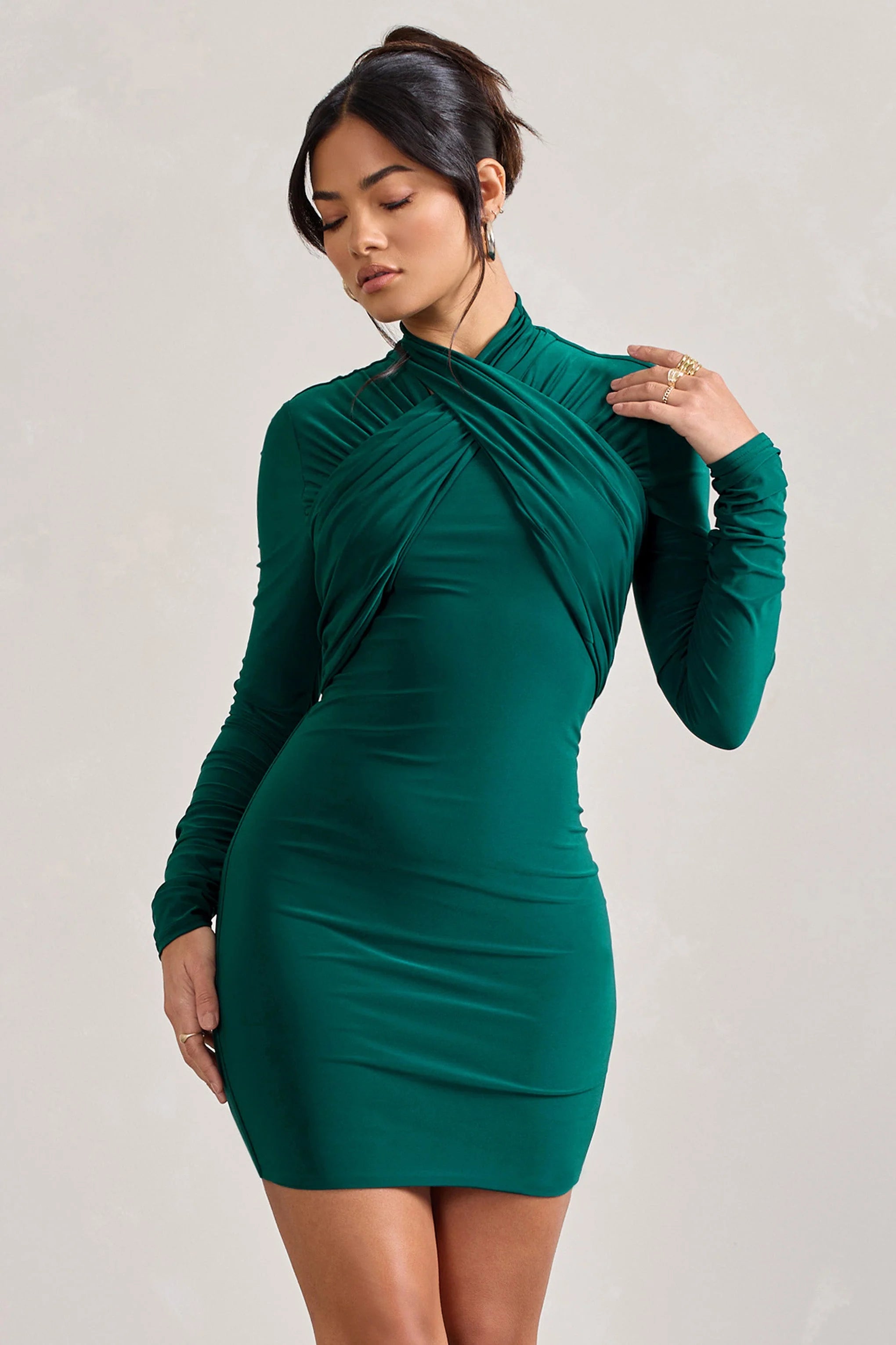 Eve | Bottle Green Crossed-Neck Long-Sleeved Bodycon Mini Dress