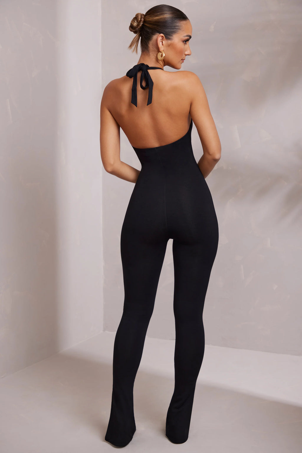 Petite Halter Neck Plunge Jumpsuit in Black