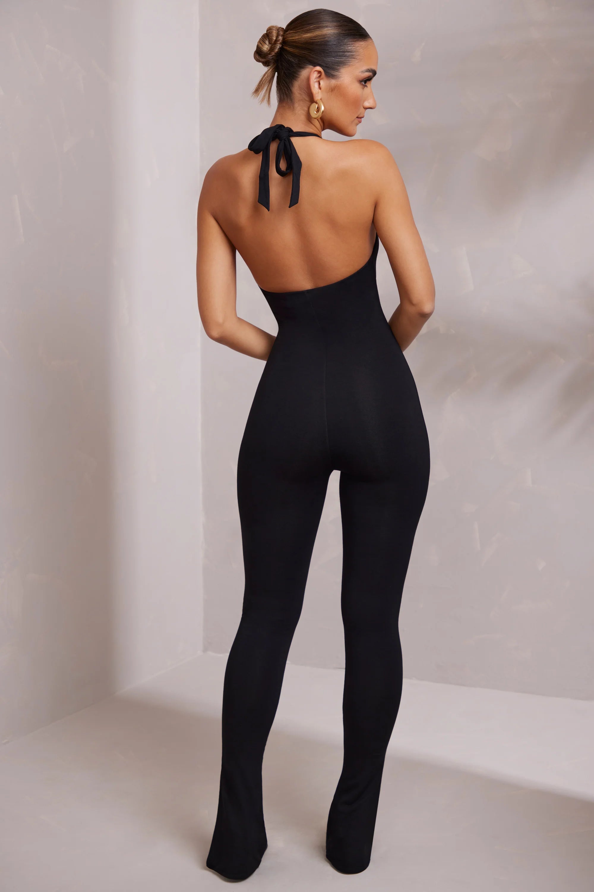 Petite Halter Neck Plunge Jumpsuit in Black
