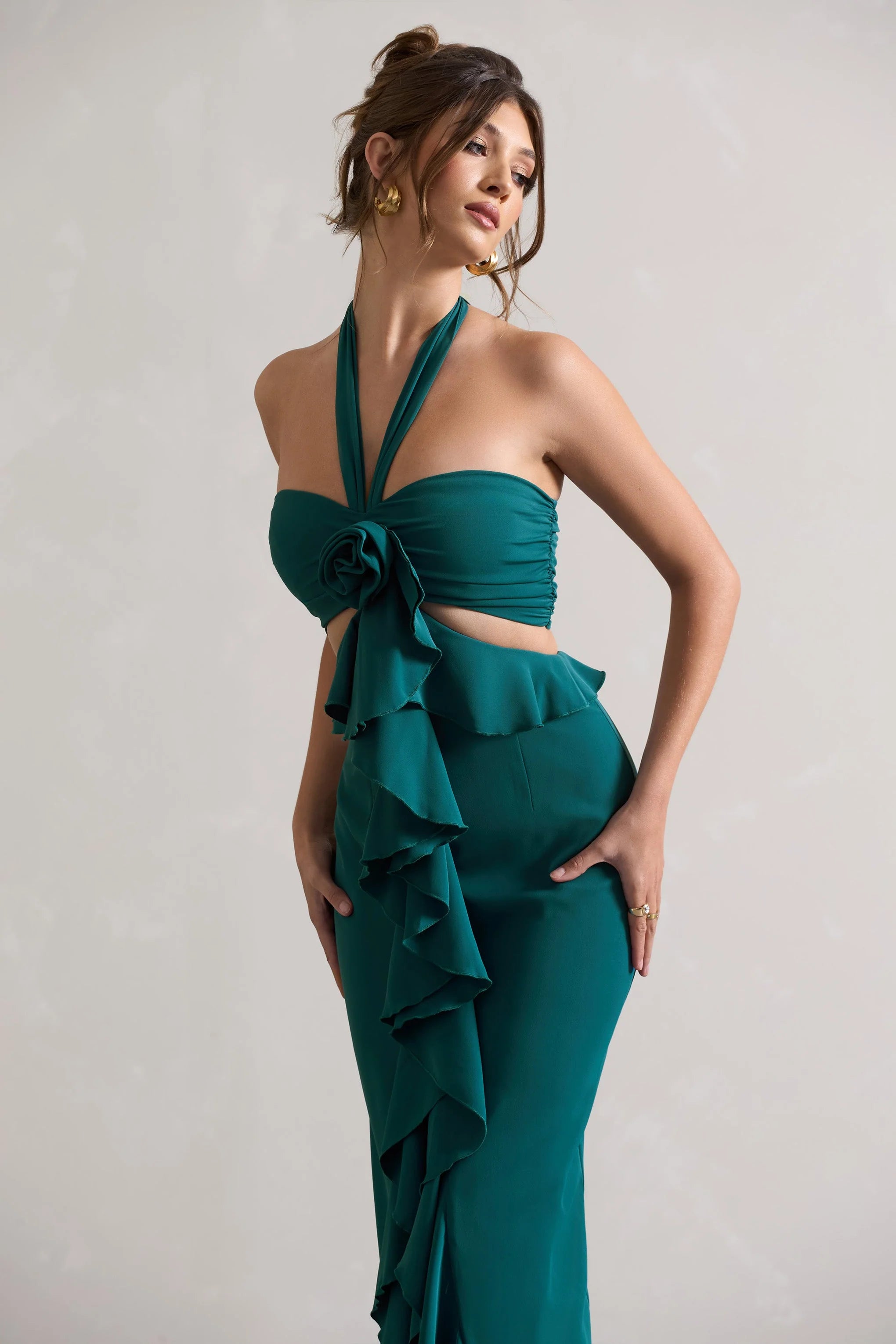 Powerful | Petrol Blue Cut-Out Halter-Neck Maxi Dress With Flower & Ruffles