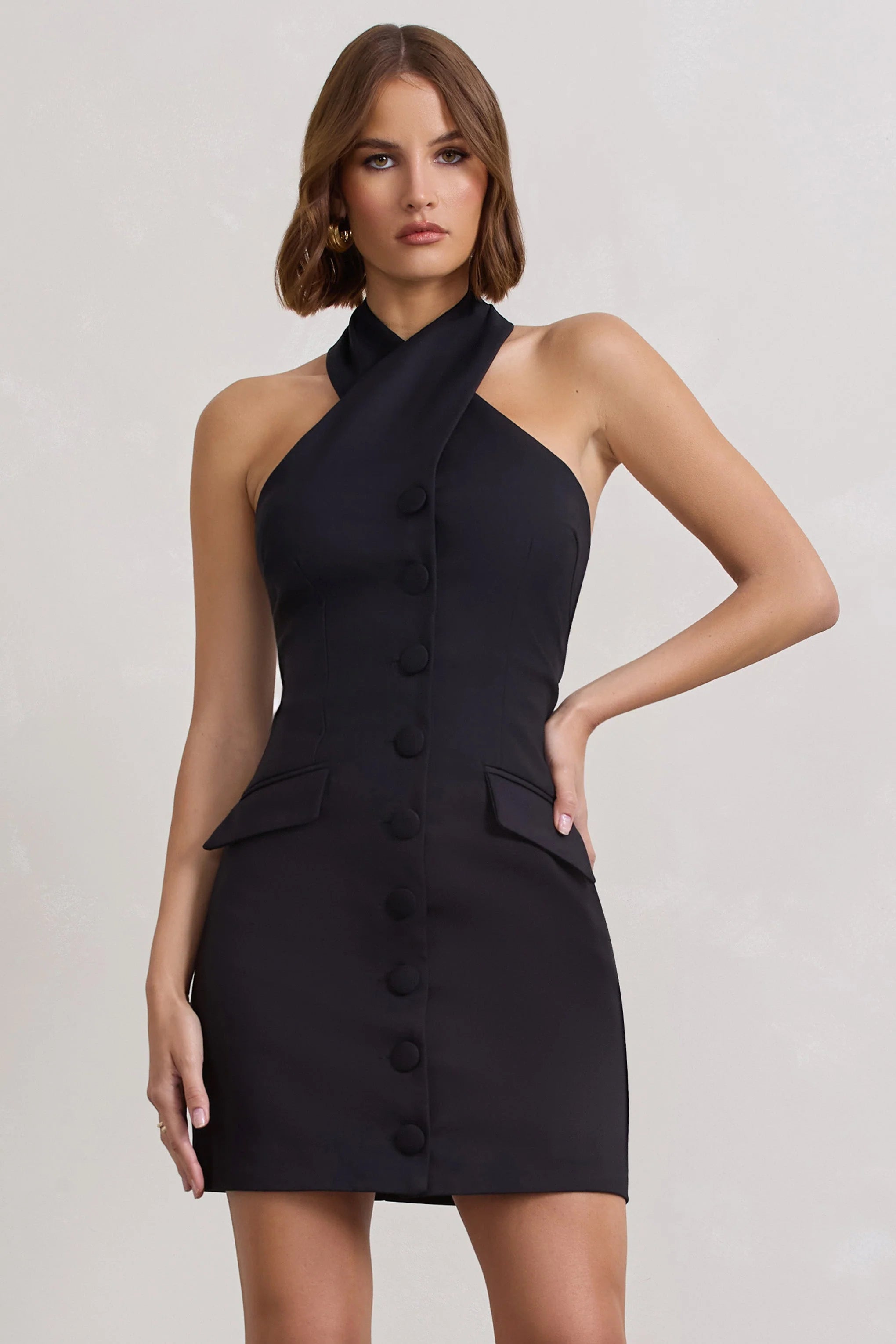 Dani | Black Halter Neck Tailored Buttoned Bodycon Mini Dress