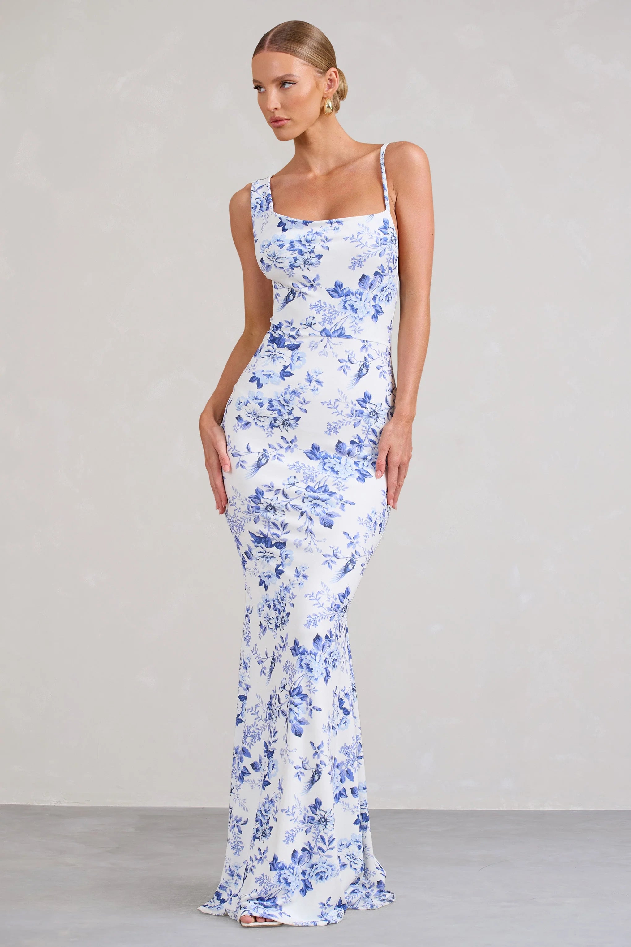 Phantasy | Blue Floral Print Asymmetric Neckline Cowl Maxi Dress