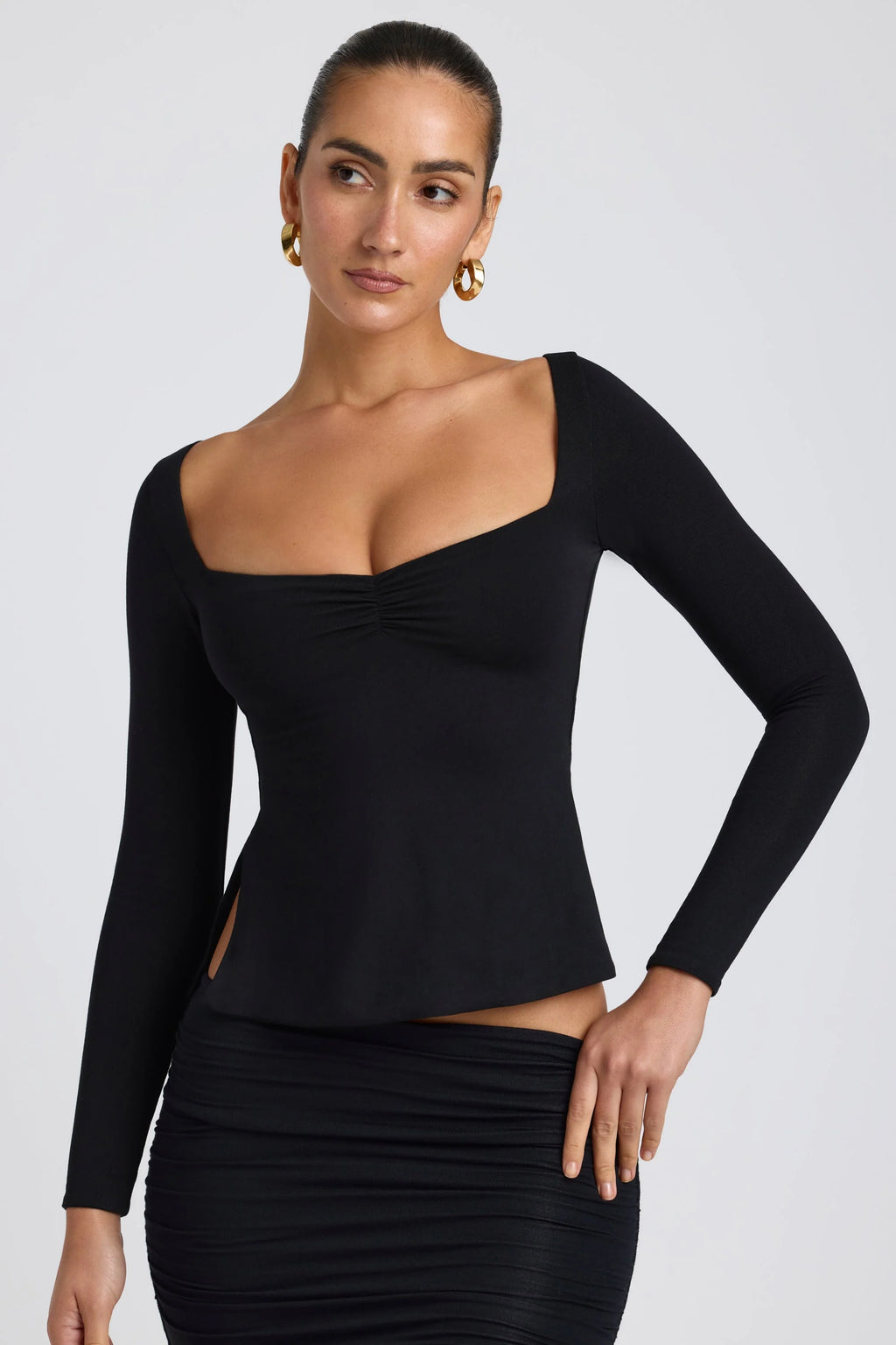 Modal Sweetheart Neckline Long Sleeve Top in Black