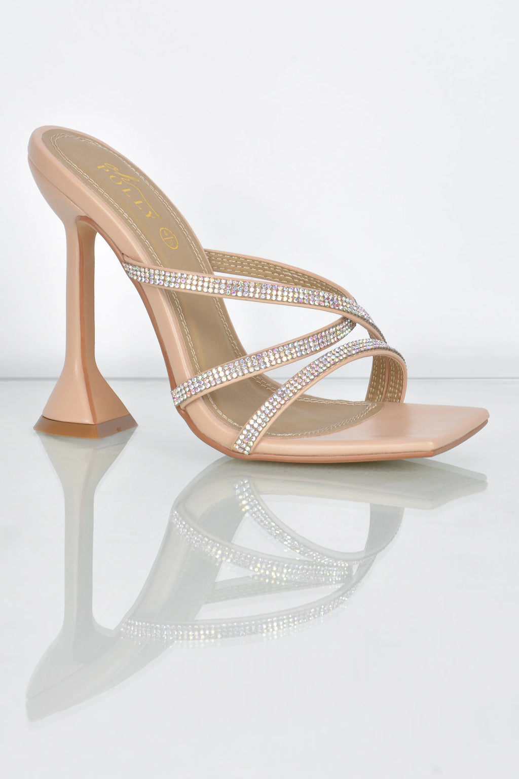 Step Aside Diamante Embellished Mule Heels in Nude