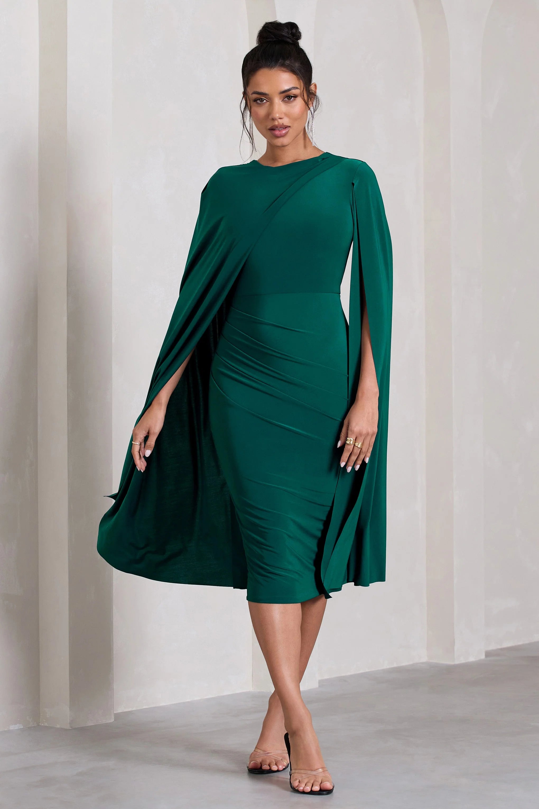 Marysol | Bottle Green Asymmetric Cape Midi Dress