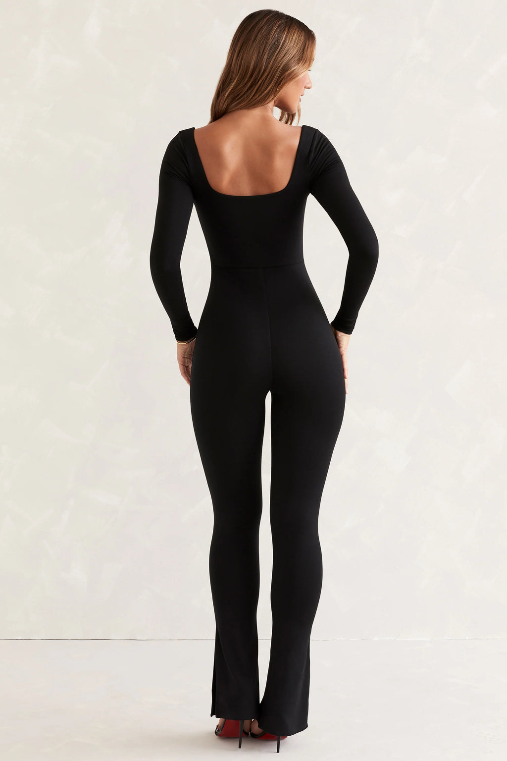 Petite Long Sleeve Square Neck Jumpsuit in Black