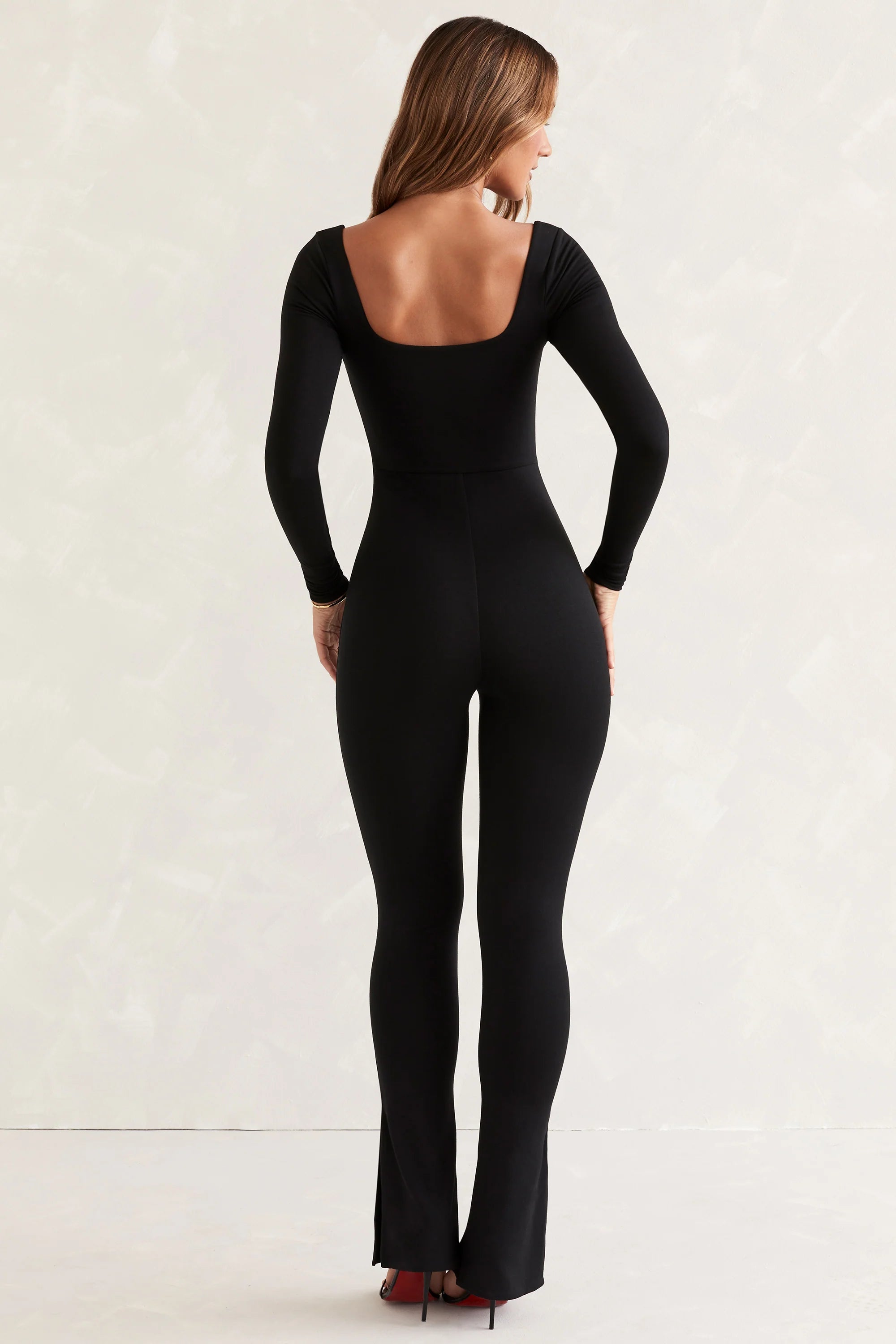 Petite Long Sleeve Square Neck Jumpsuit in Black