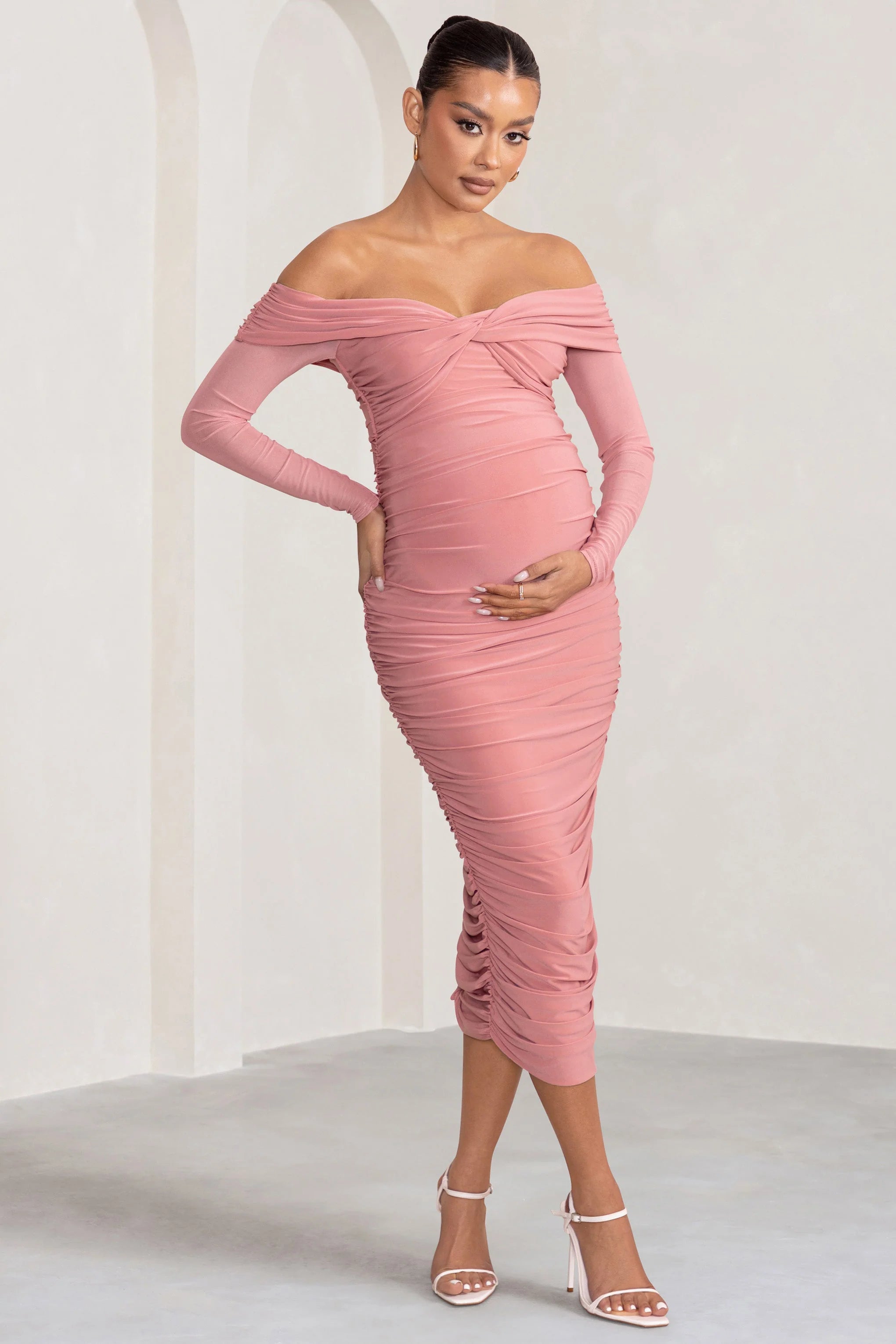 Neva | Blush Bardot Twist Maternity Midi Dress