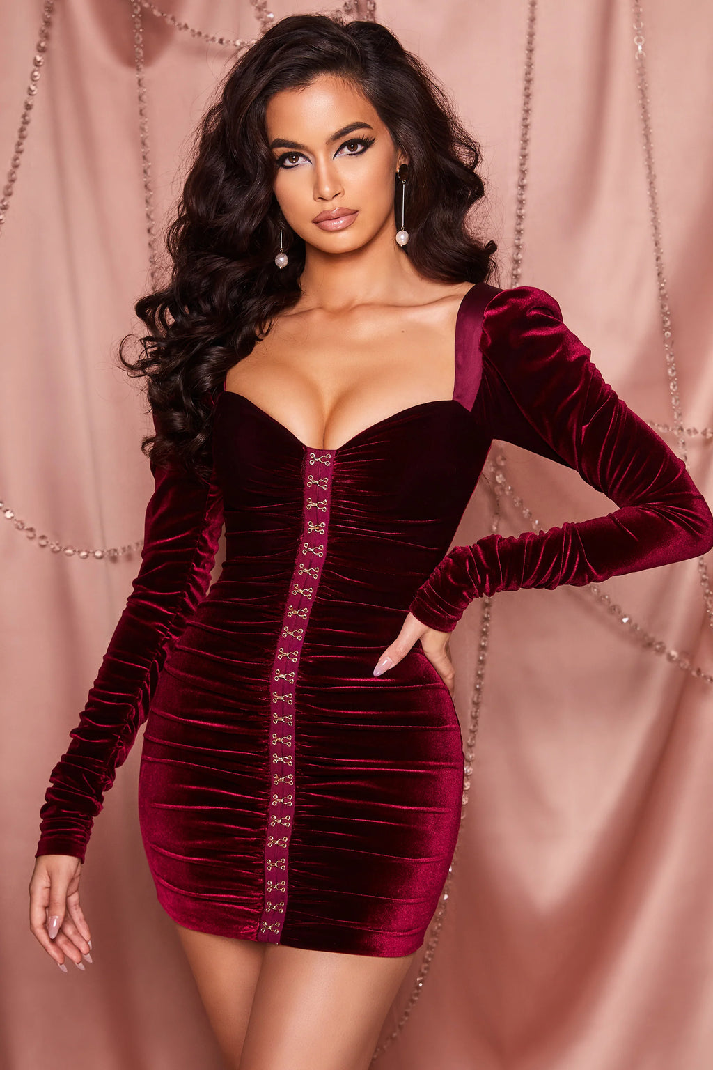 Totally Hooked Long Sleeve Ruched Velvet Mini Dress in Berry