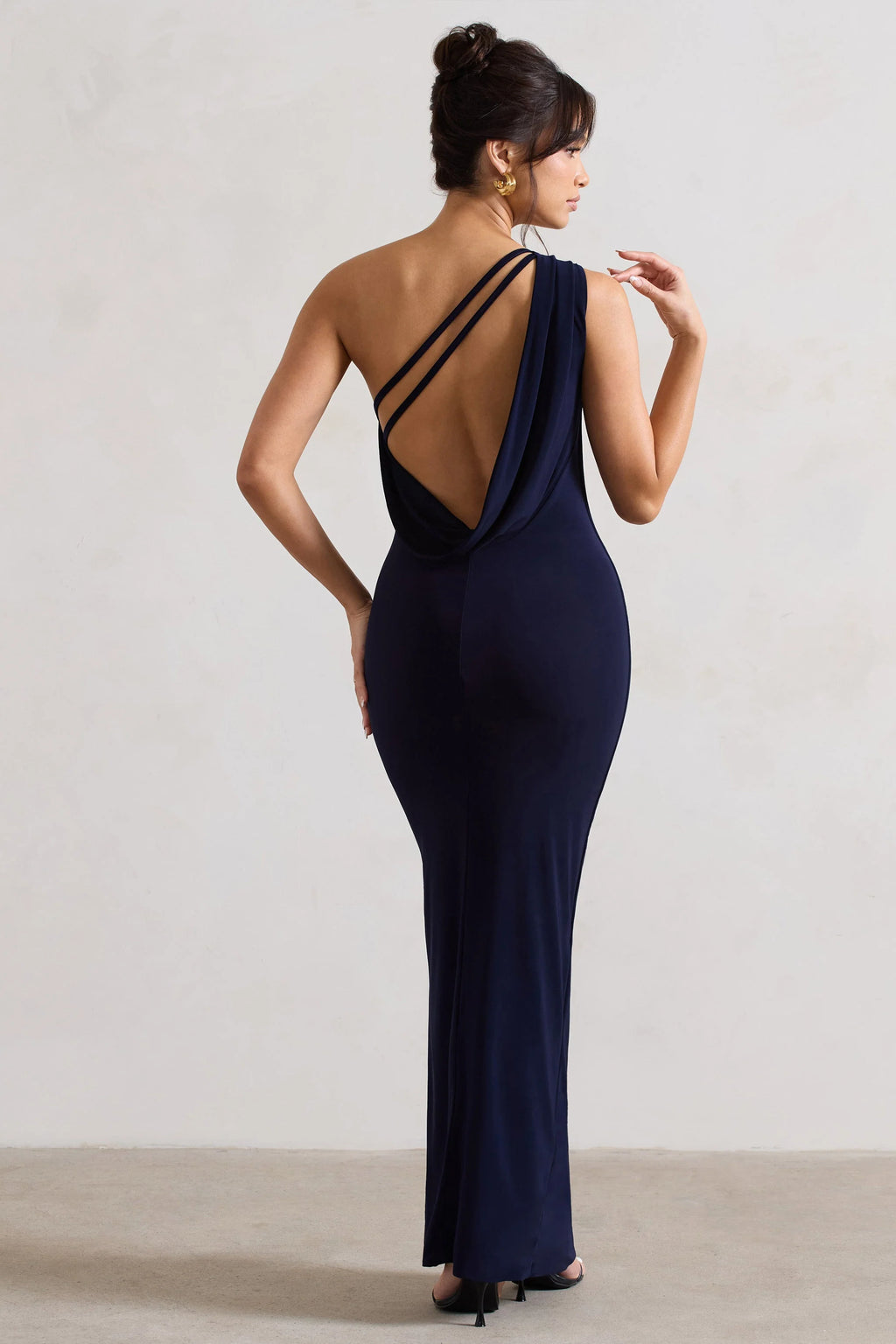 Melody | Navy Asymmetric Cowl-Back Split Maxi Dress
