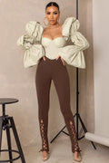 Accomplish | Brown Lace Up Detail Legging With Split Hem