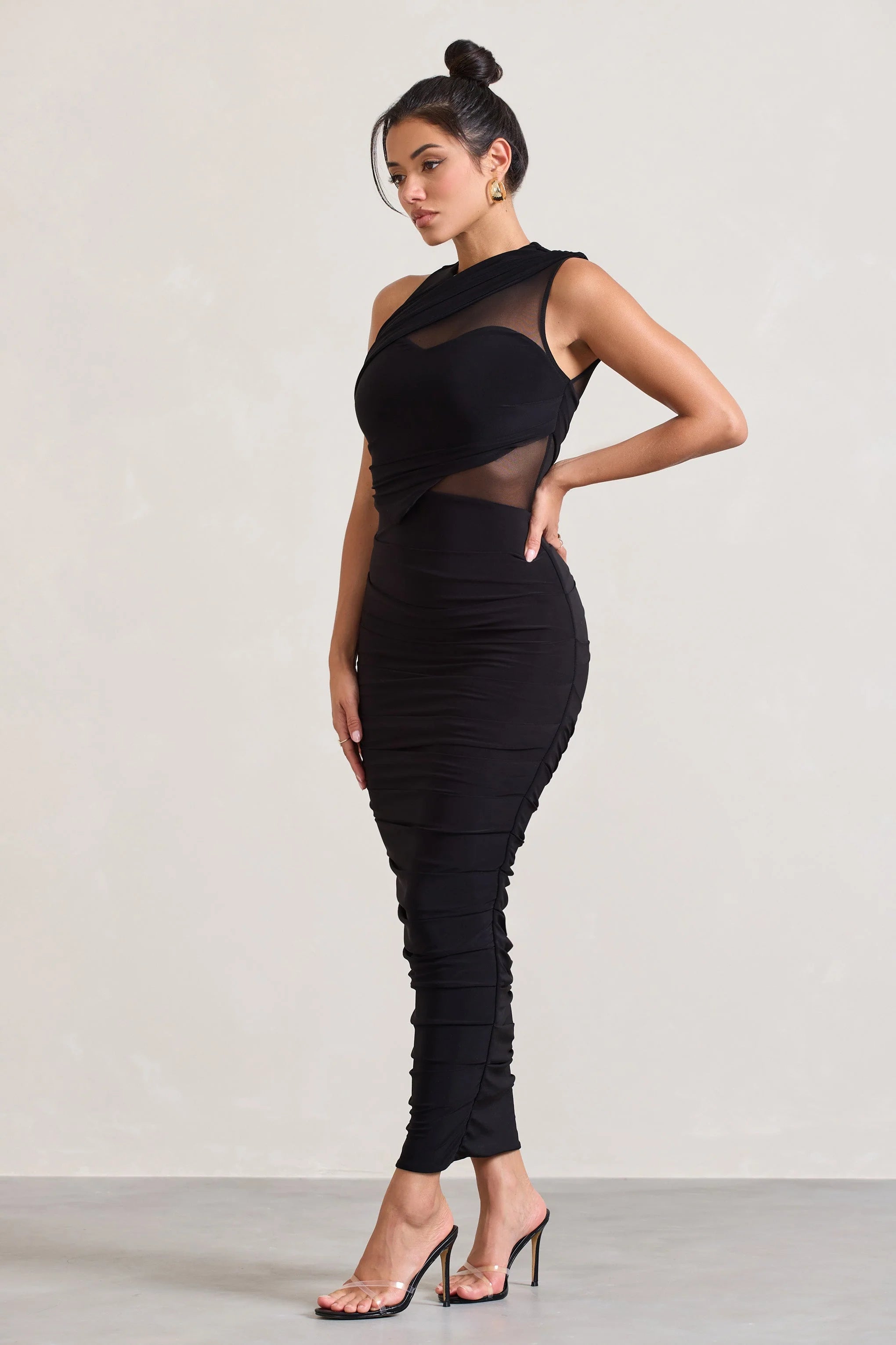 Born With It | Black Sleeveless High-Neck Draped Maxi Dress With Mesh Inserts