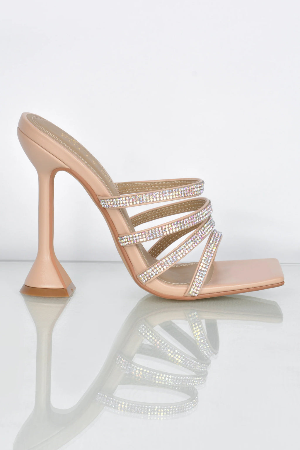 Raise The Bar Diamante Embellished Mule Heels in Nude