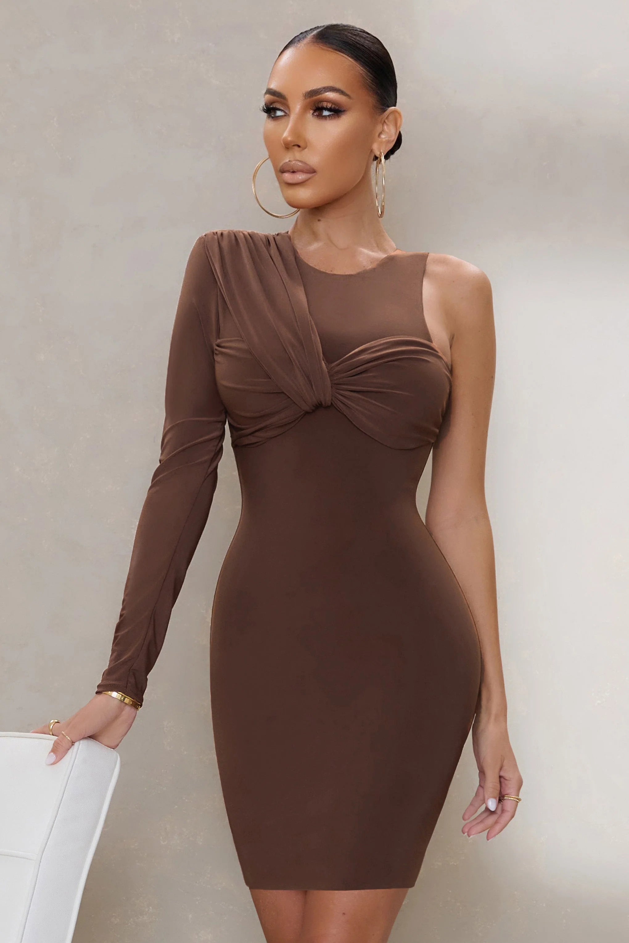 Talk The Talk | Chocolate Brown One Sleeve Ruched Mini Dress