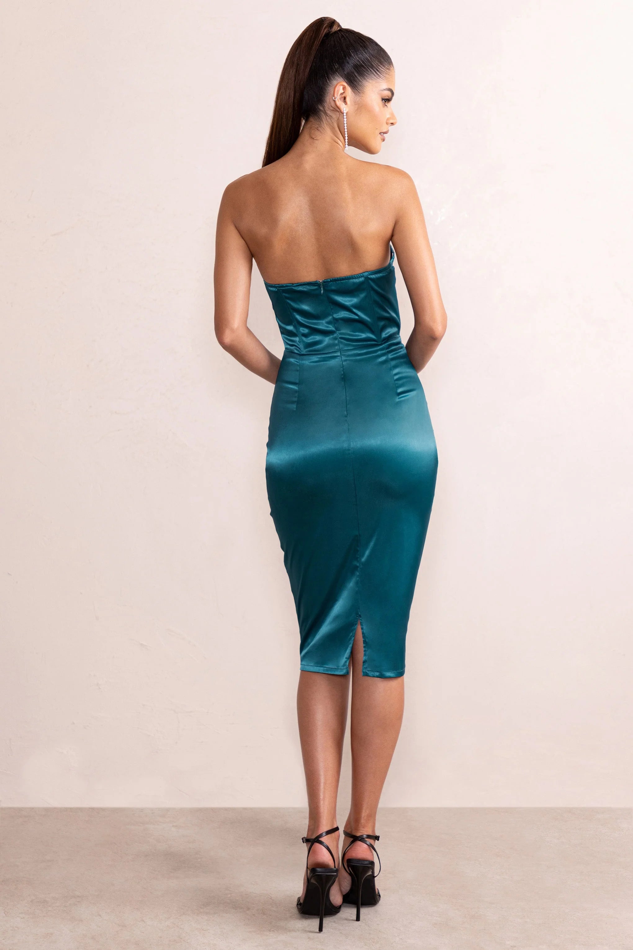 Anne | Teal Satin Layered Corset Detail Midi Dress