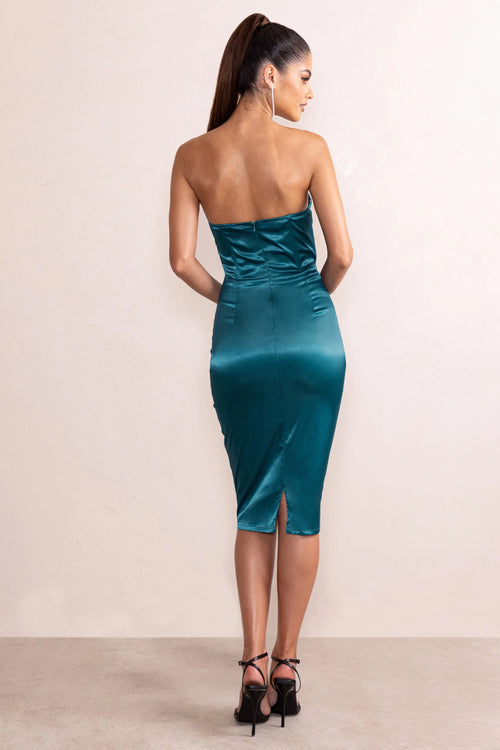 Anne | Teal Satin Layered Corset Detail Midi Dress