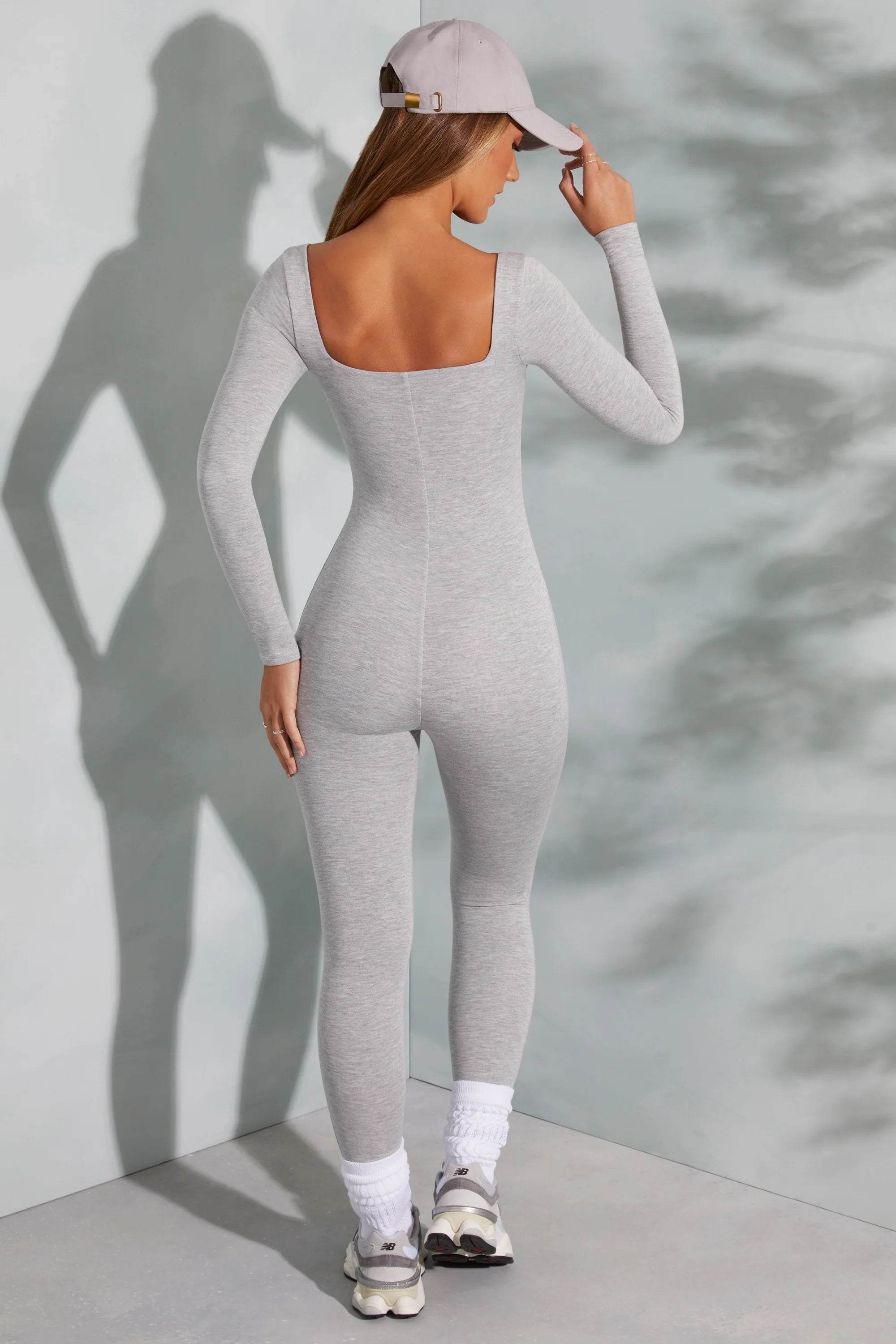 Petite Square Neck Long Sleeve Jumpsuit in Marled Grey