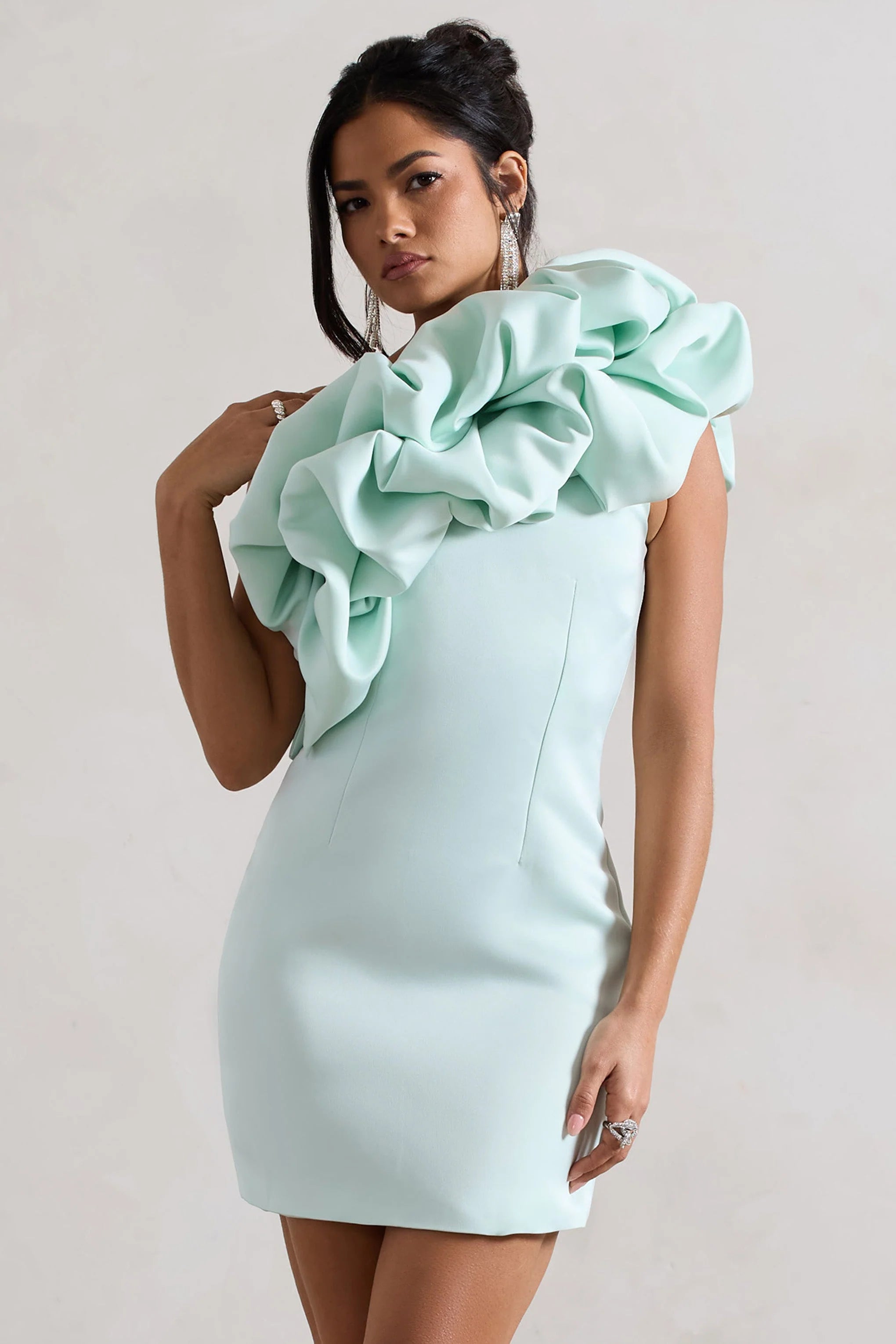 At The Opera | Mint Satin Asymmetric Ruffled Mini Dress