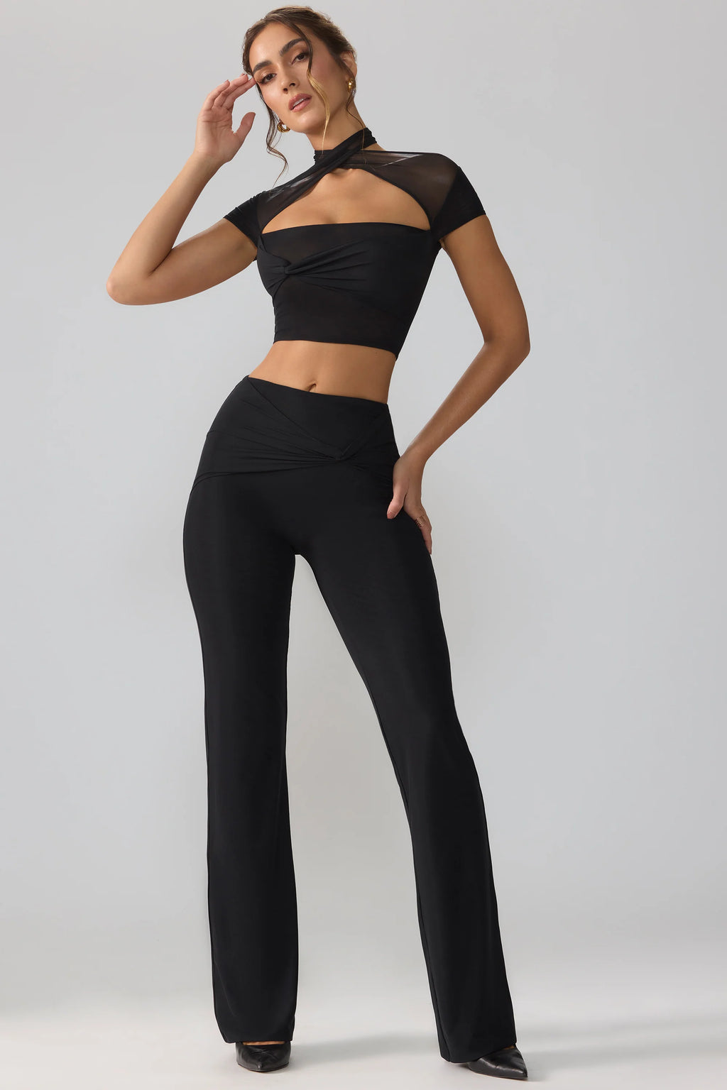 Tall Mesh Mid Rise Twist Overlay Flare Trousers in Black